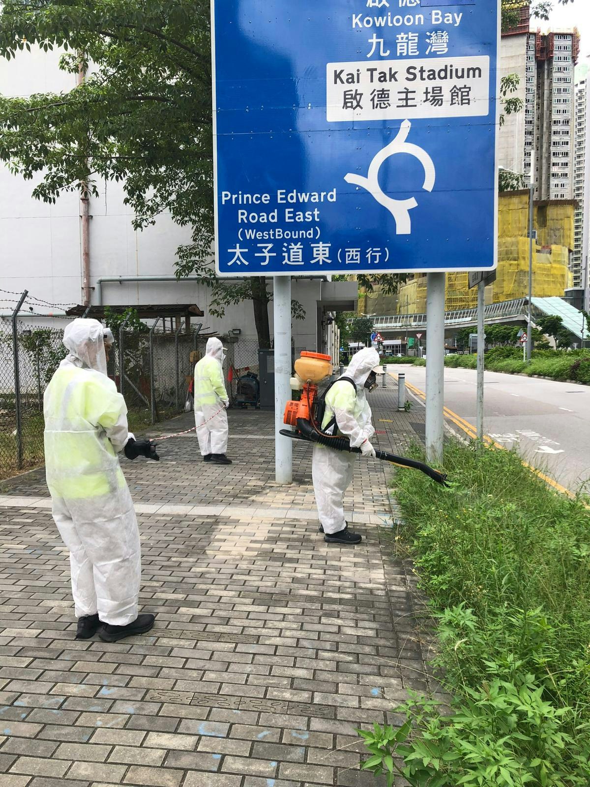 食環署8月20日在九龍城啟德北和荃灣馬灣進行防蚊滅蚊工作。圖示食環署承辦商人員在啟德北以霧化處理方式殺滅成蚊。（政府新聞處圖片）
