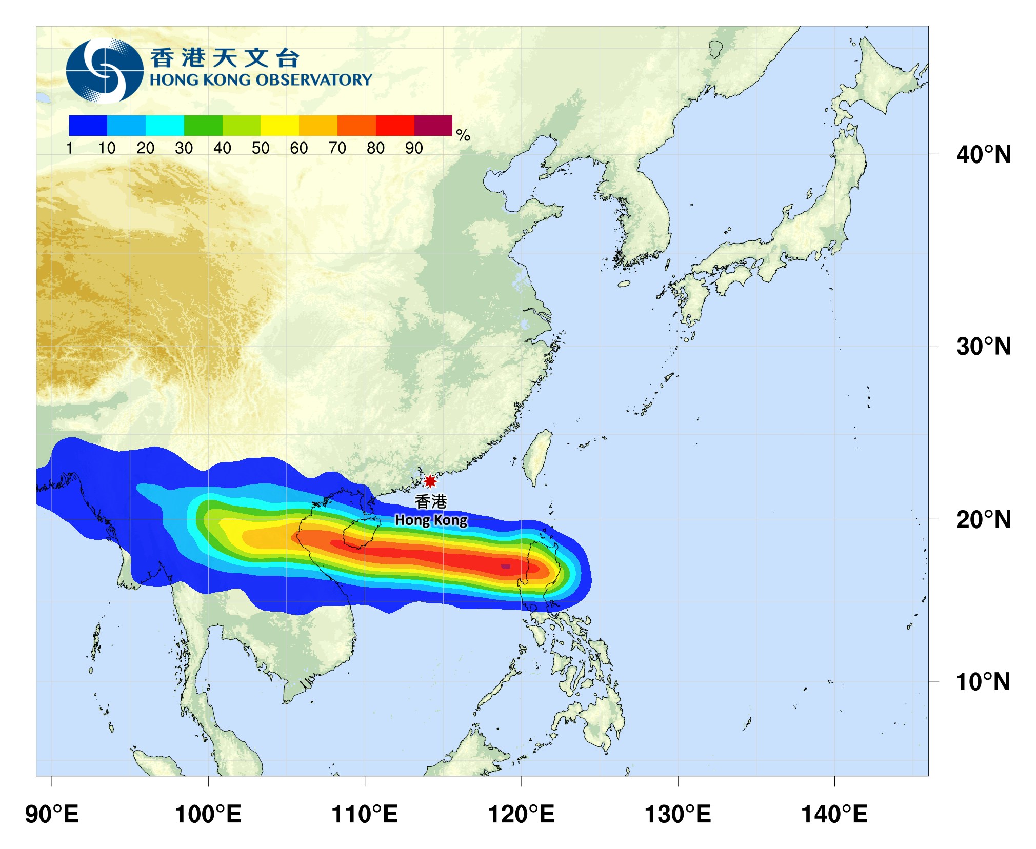 熱帶氣旋劍魚直吹香港概率。（天文台）