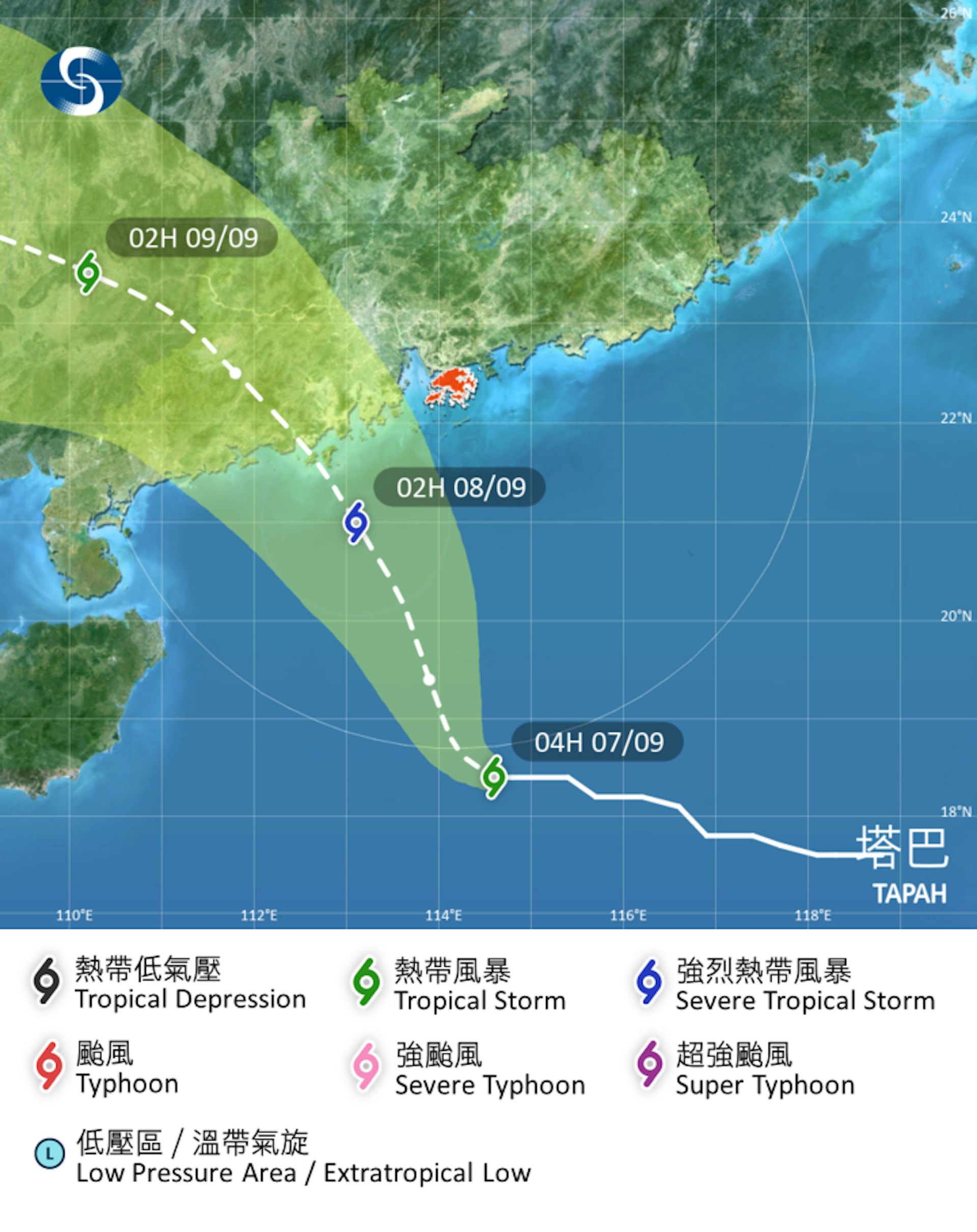 天文台9月7日凌晨4時發布塔巴的預測路徑圖。(天文台圖片)