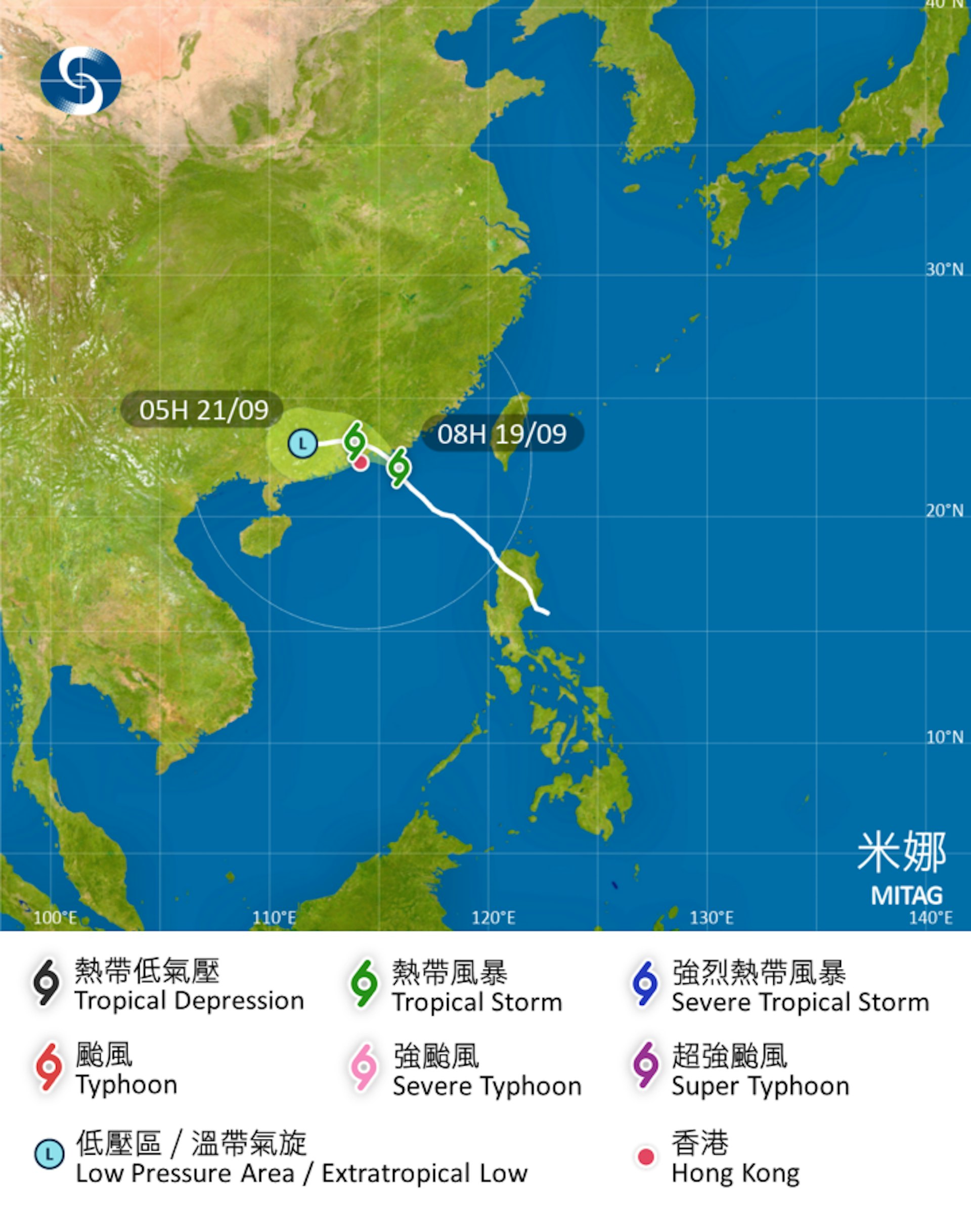天文台表示,按照現時預測路徑,米娜會在今日黃昏前後登陸廣東東部沿岸,同時亦受東北季候風影響而轉向偏西方向移動,移近珠江口一帶,在本港以北約100公里範圍掠過。(天文台)