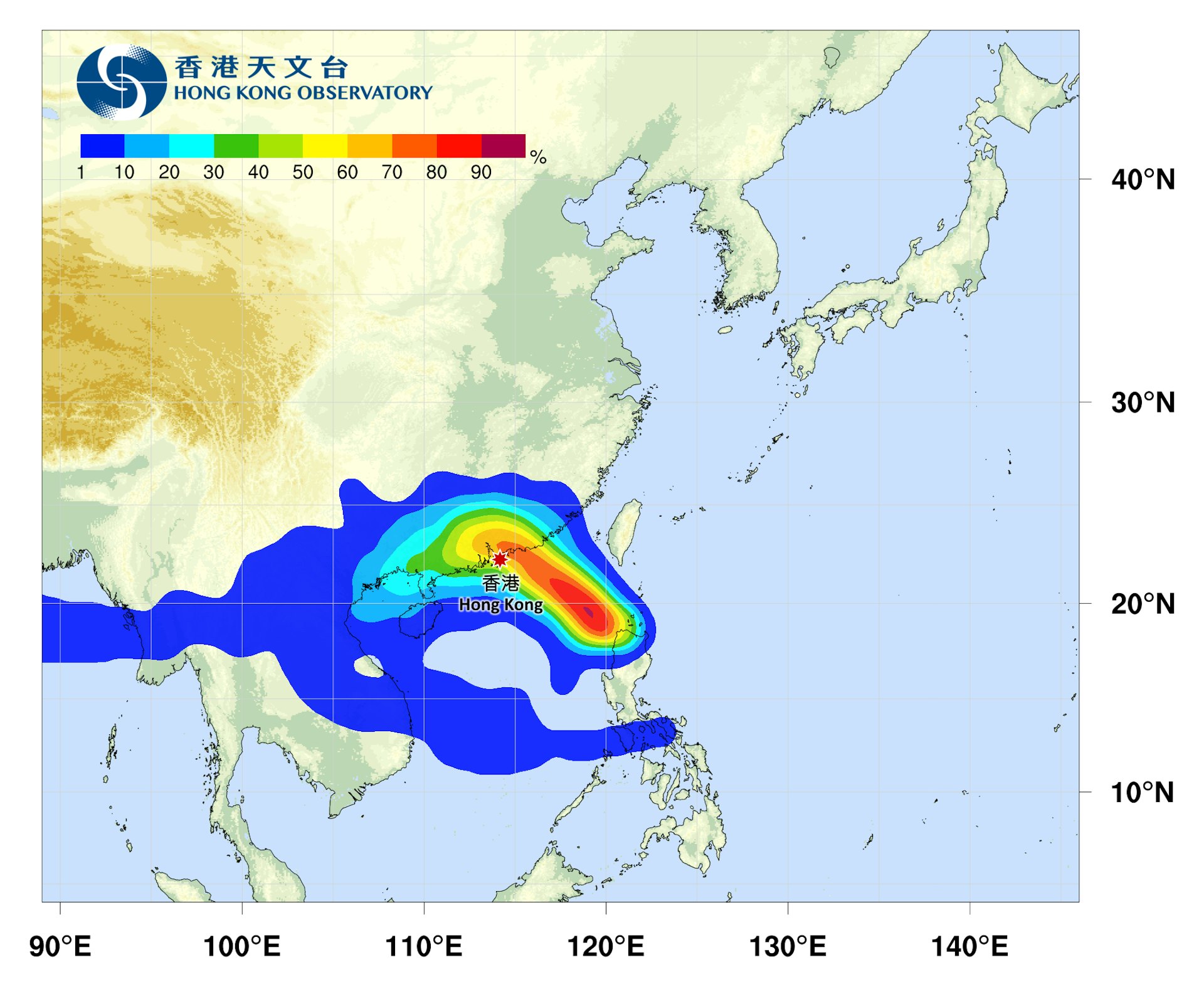 按顏色劃分,該熱帶氣旋直吹香港機率目前最高七成。(天文台)