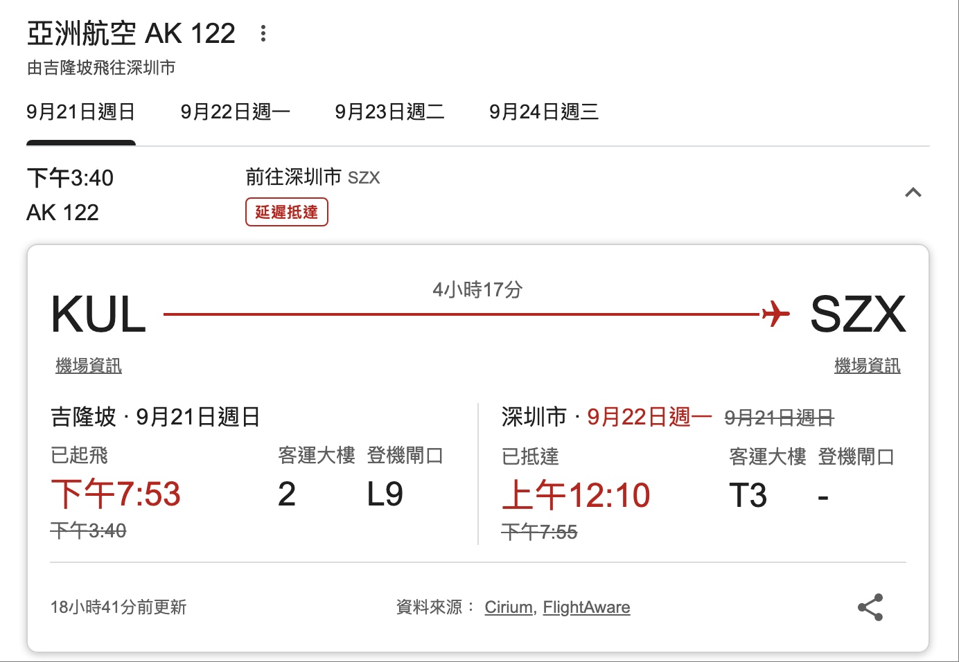 AK122航班资料显示，该航班延误至第二日凌晨抵达深圳。