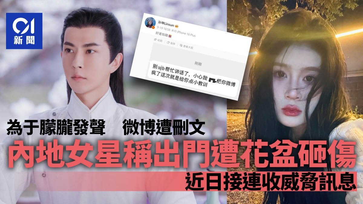 替于朦朧發聲惹禍?孫琳微博遭刪文 出門被花盆砸傷 收威脅訊息