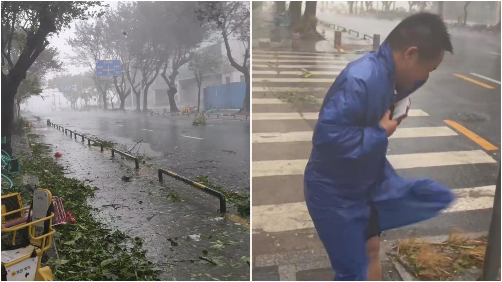 颱風樺加沙｜珠海情侶中路成排共享單車倒地內媒眼鏡被大風吹走