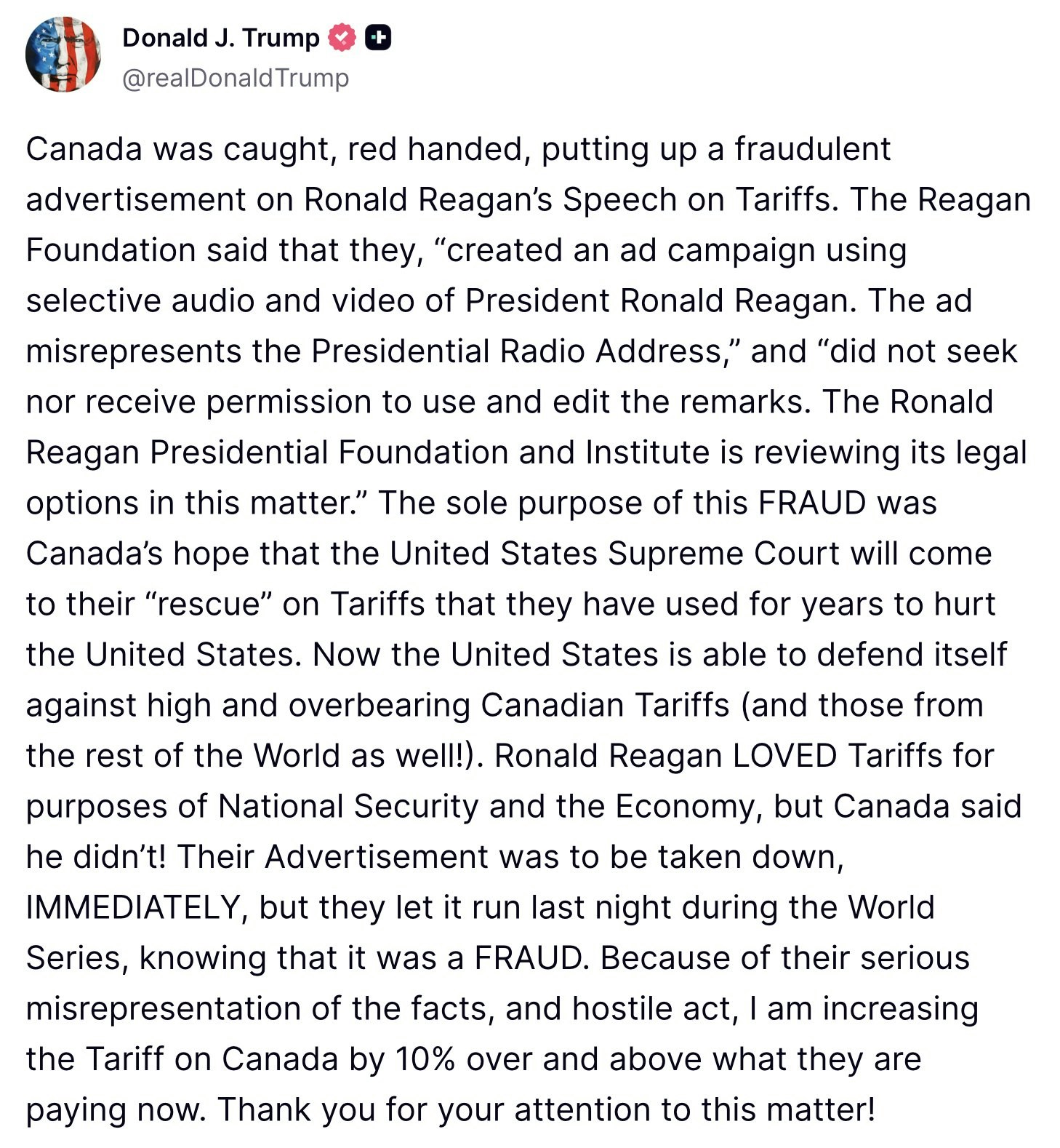 特朗普将对加拿大提高10%关税不满加方未撤下反关税广告