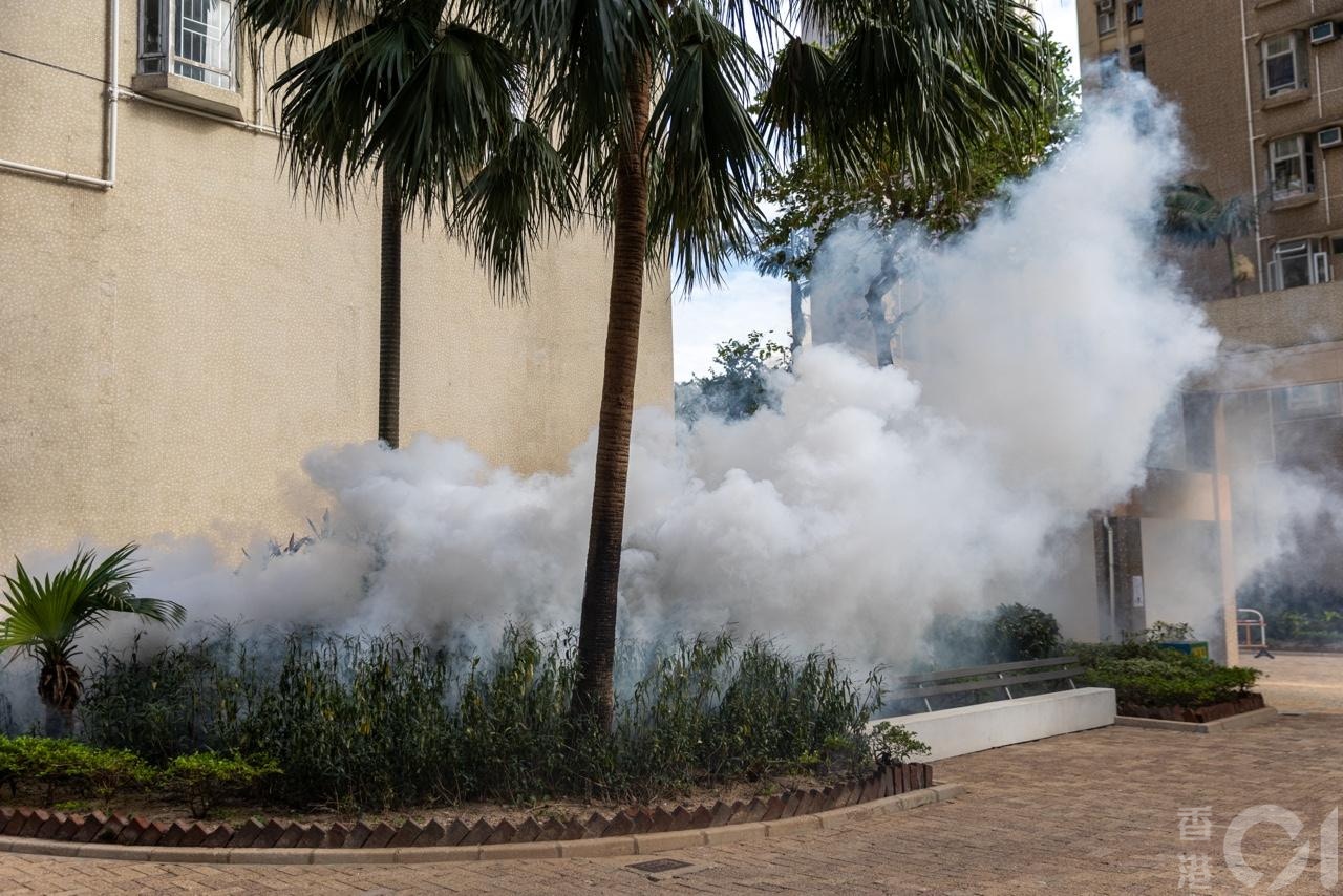 衞生署10月26日公布出現首宗本地感染基孔肯雅熱個案，患者居於鑽石山鳳德邨，屋苑對面的龍蟠苑即有人員噴滅蚊煙霧。（梁鵬威攝)