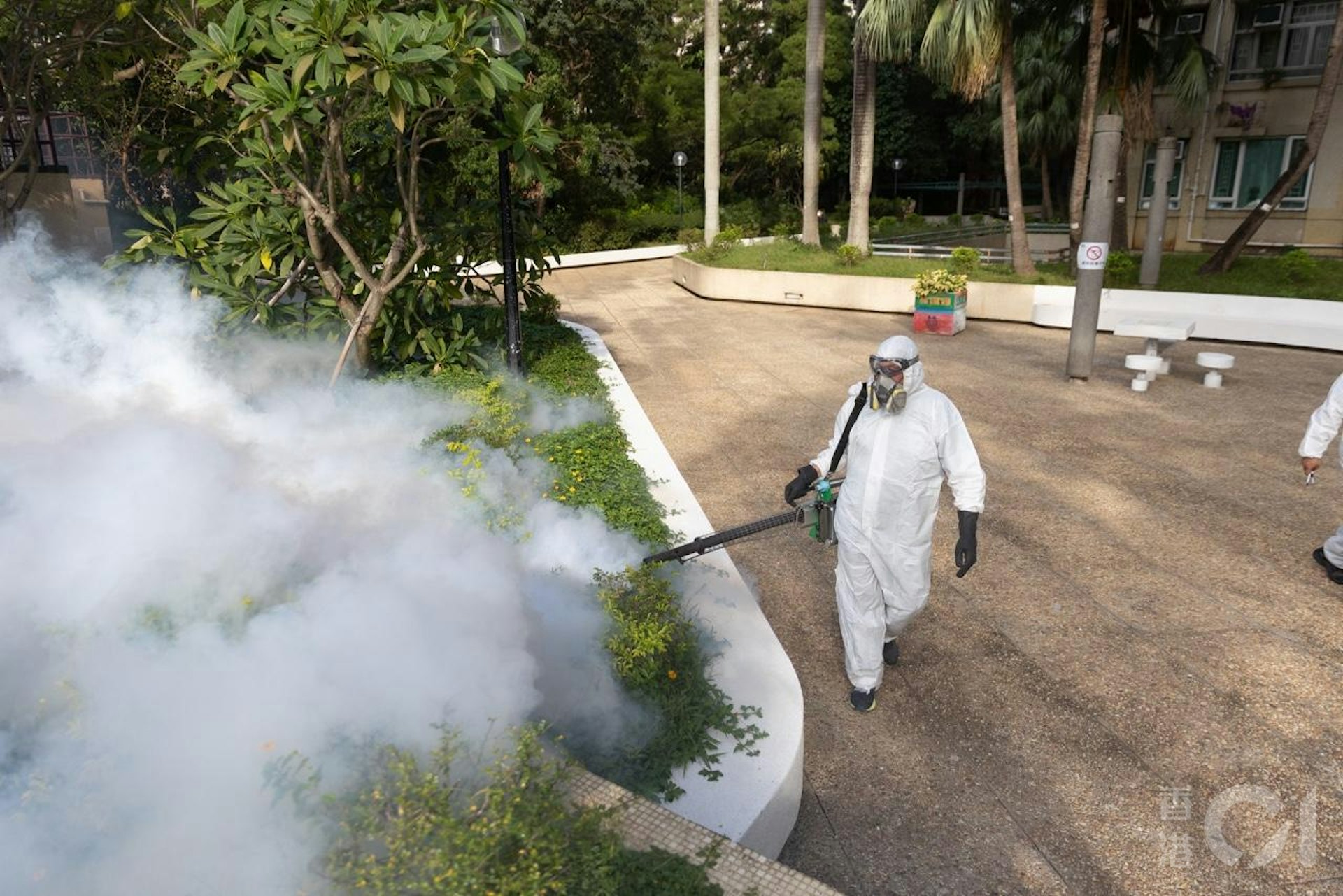 衞生署10月26日公布出現首宗本地感染基孔肯雅熱個案,患者居於鑽石山鳳德邨,屋苑對面的龍蟠苑即有人員噴滅蚊煙霧。(梁鵬威攝) 衞生署10月26日公布出現首宗本地感染基孔肯雅熱個案,患者居於鑽石山鳳德邨,屋苑對面的龍蟠苑即有人員噴滅蚊煙霧。(梁鵬威攝)
