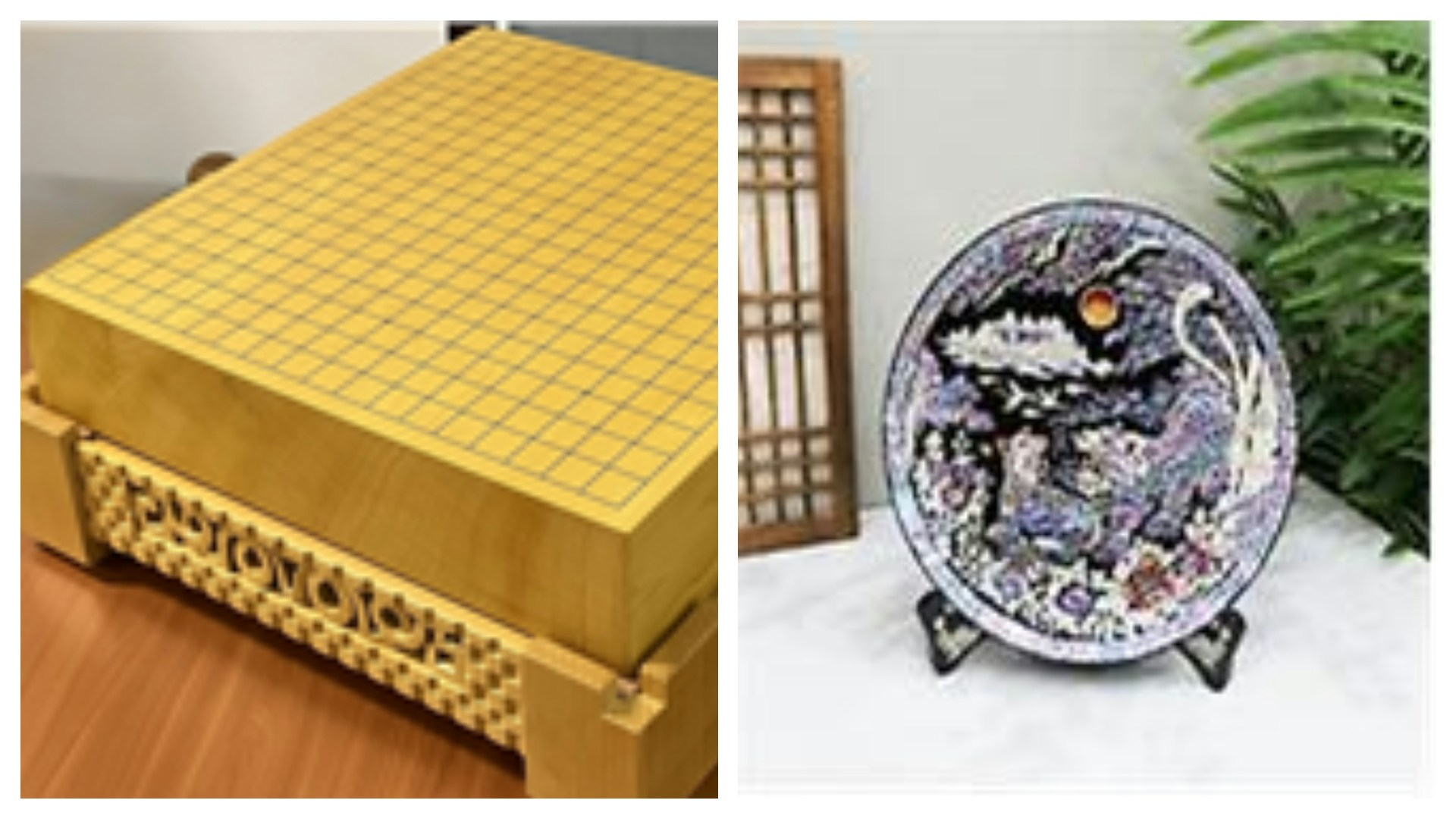 2025年11月1日,釜山APEC峰會期間,韓國為中美領導人都準備了大禮。圖為李在明贈送赴韓參加APEC的習近平兩件禮物,左圖為榧樹圍棋盤,右圖為螺鈿漆器圓形託盤。(韓國總統府)