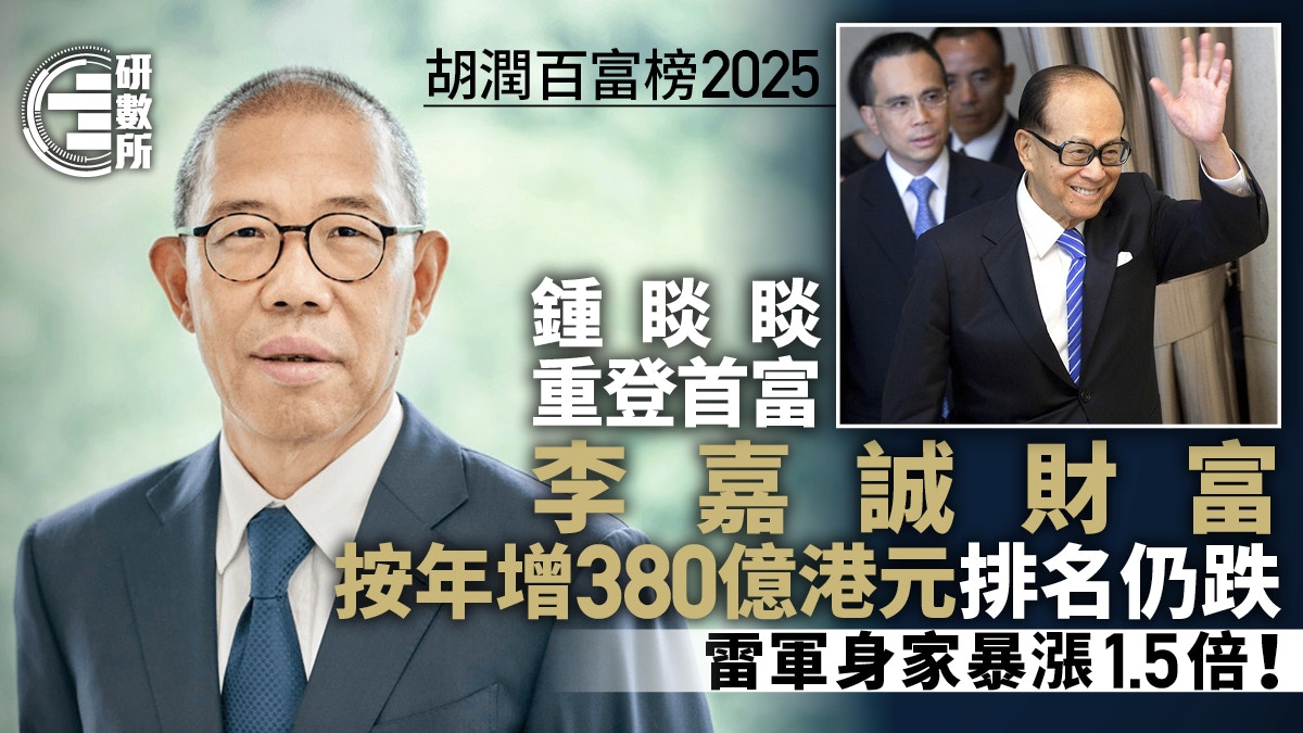 胡潤百富榜2025│鍾睒睒重登首富李嘉誠排名跌雷軍身家漲1.5倍