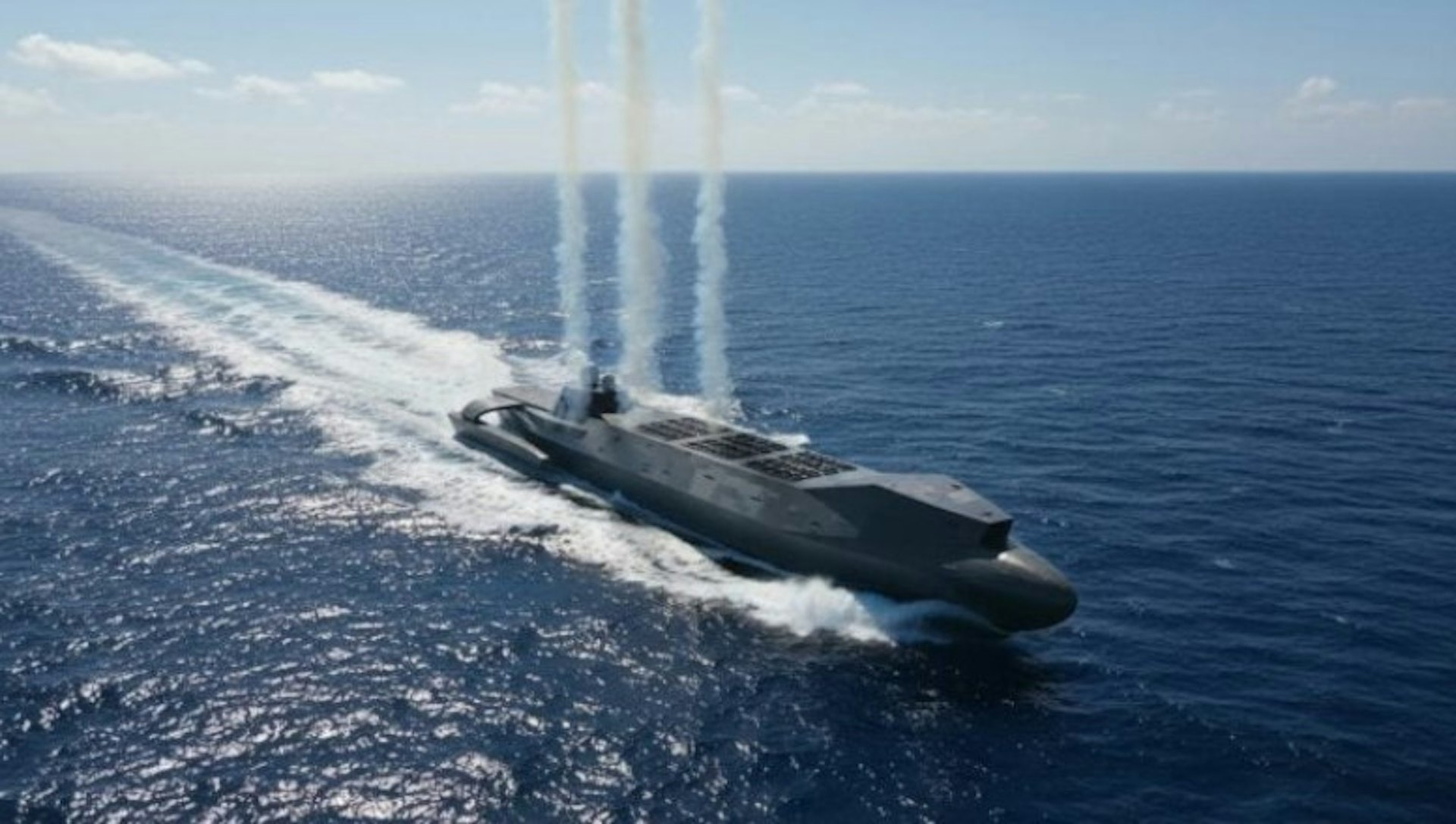 中國造船廠出現一艘帆布遮蓋的新型三體船,美國軍事博客推測很可能是一艘無人駕駛的半潛式艦艇,此為想像圖(微博)