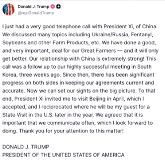 特朗普11月24日在社交媒體Truth Social發文稱，這次通話討論了許多議題，包括俄烏、芬太尼、大豆及其他農產品等議題。(Truth Social)