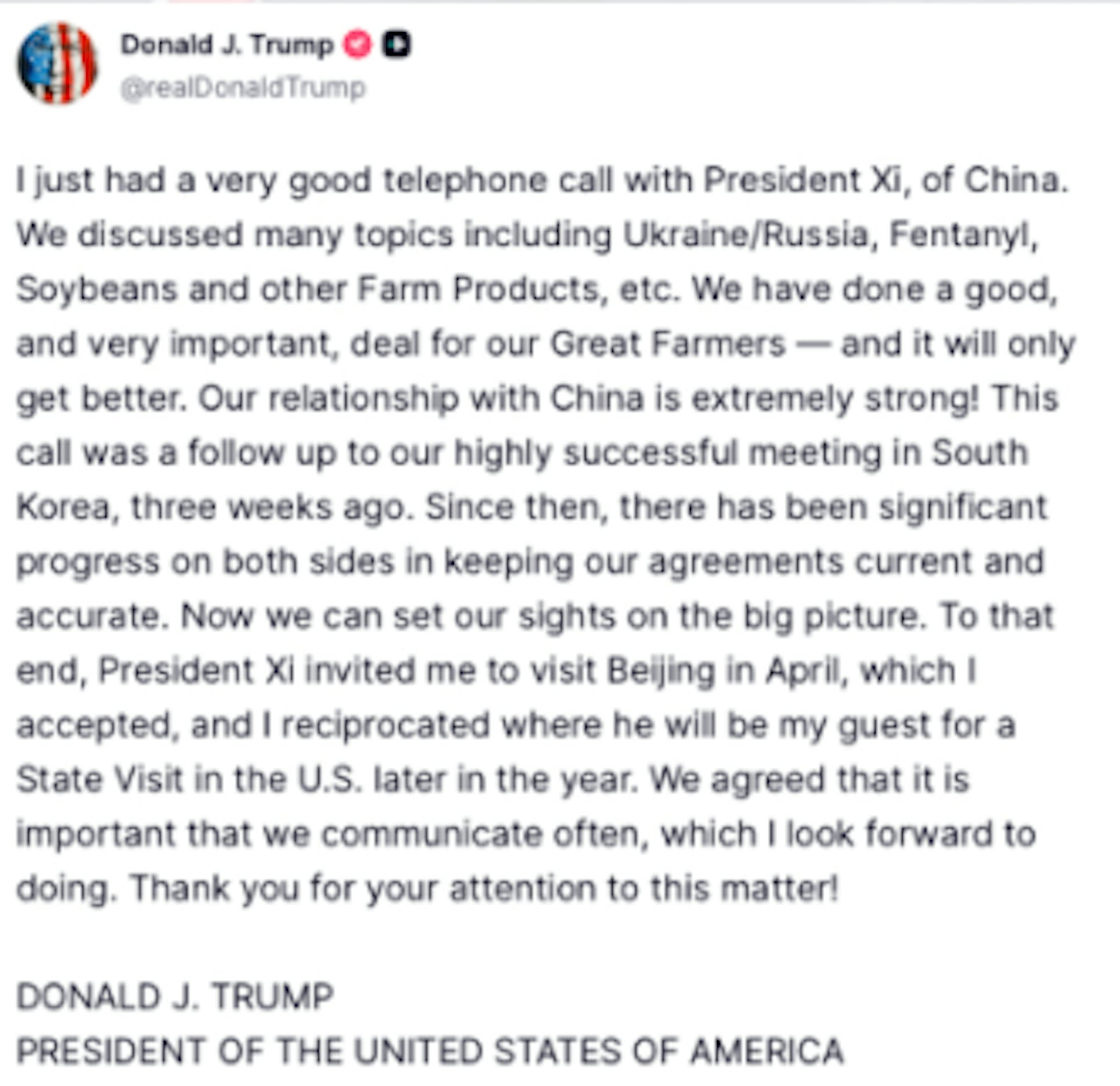 特朗普11月24日在社交媒體Truth Social發文稱,這次通話討論了許多議題,包括俄烏、芬太尼、大豆及其他農產品等議題。(Truth Social) 特朗普11月24日在社交媒體Truth Social發文稱,這次通話討論了許多議題,包括俄烏、芬太尼、大豆及其他農產品等議題。(Truth Social)