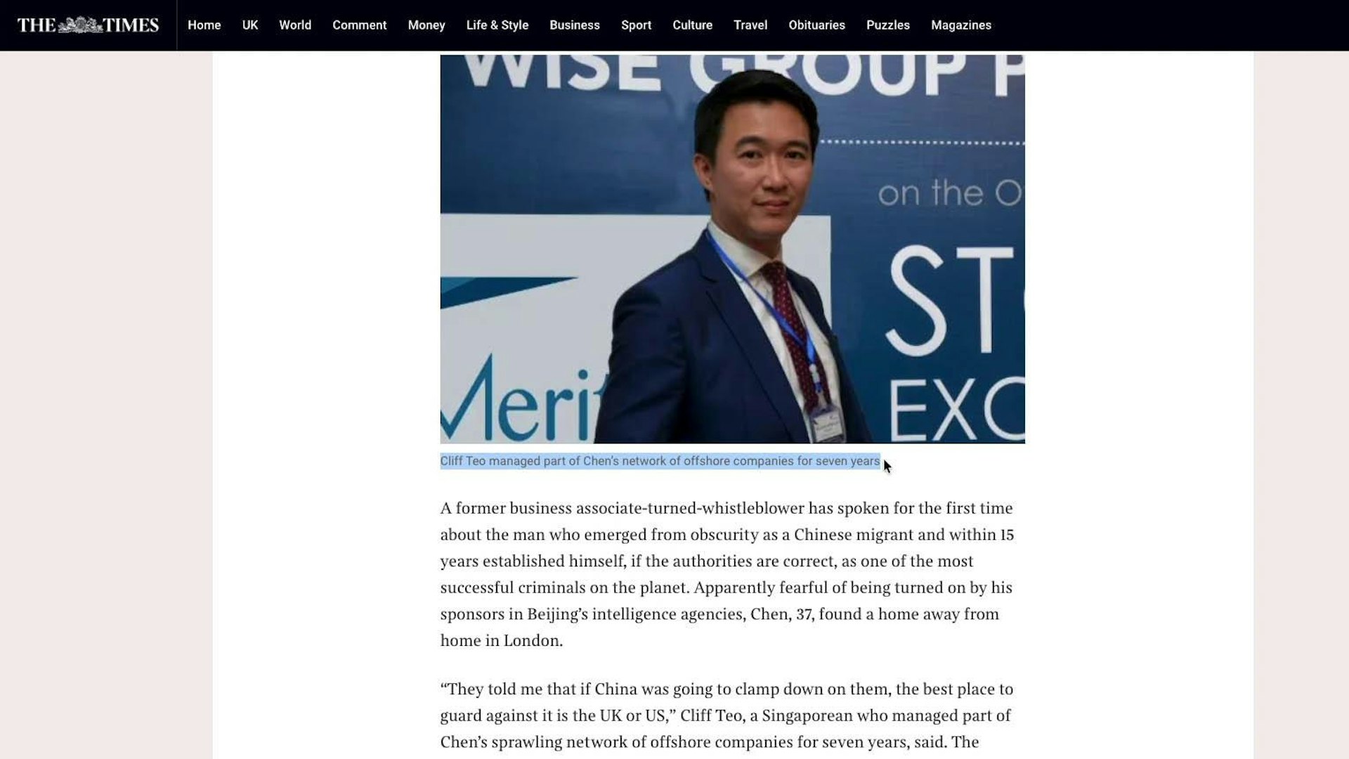 英國《泰晤士報》(The Times)刊出張剛耀(Cliff Teo)的訪問。(泰晤士報) 英國《泰晤士報》(The Times)刊出張剛耀(Cliff Teo)的訪問。(泰晤士報)