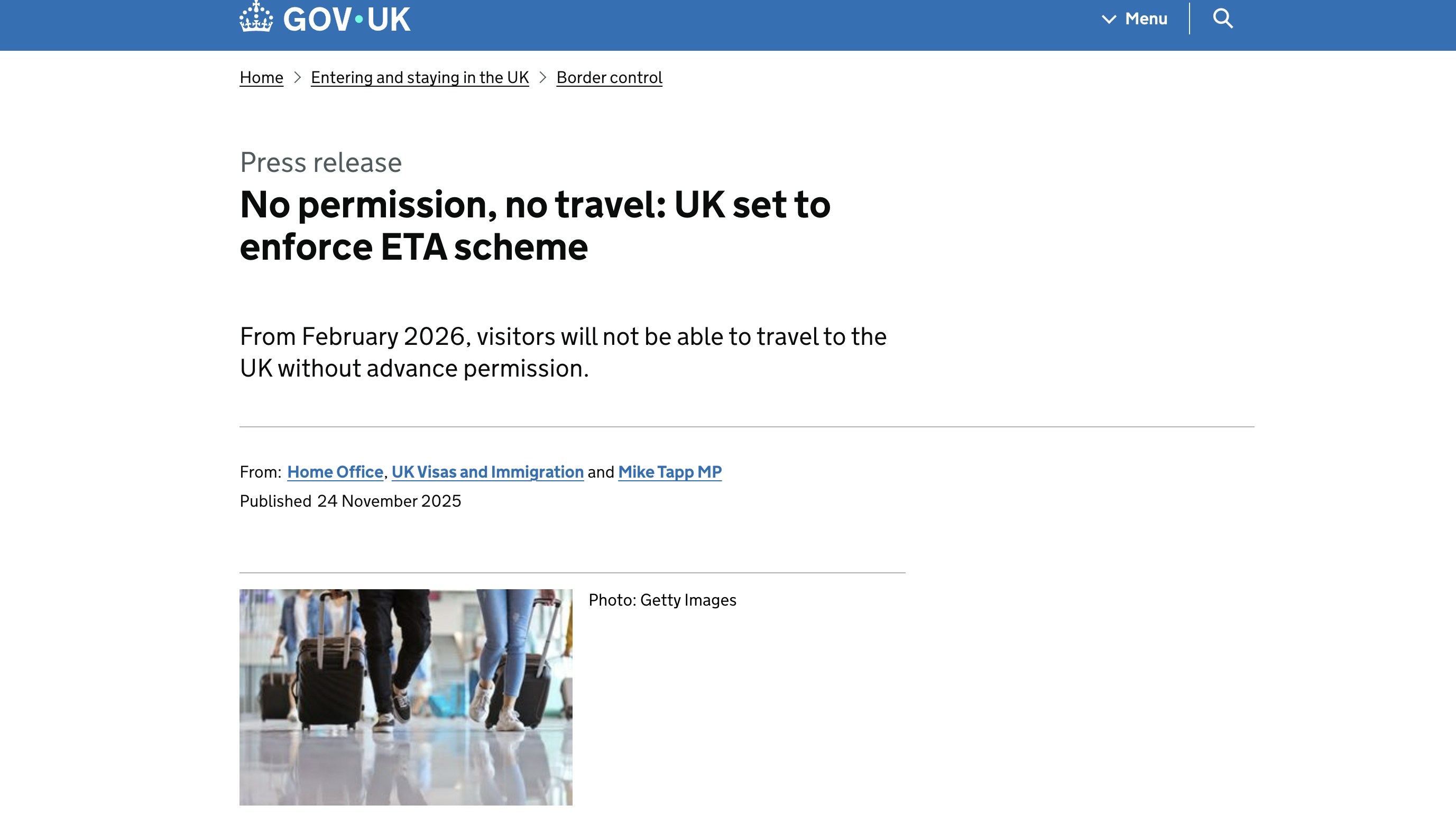 英国强制85免签国及地区旅客入境前申请ETA 明年2月25日起执行