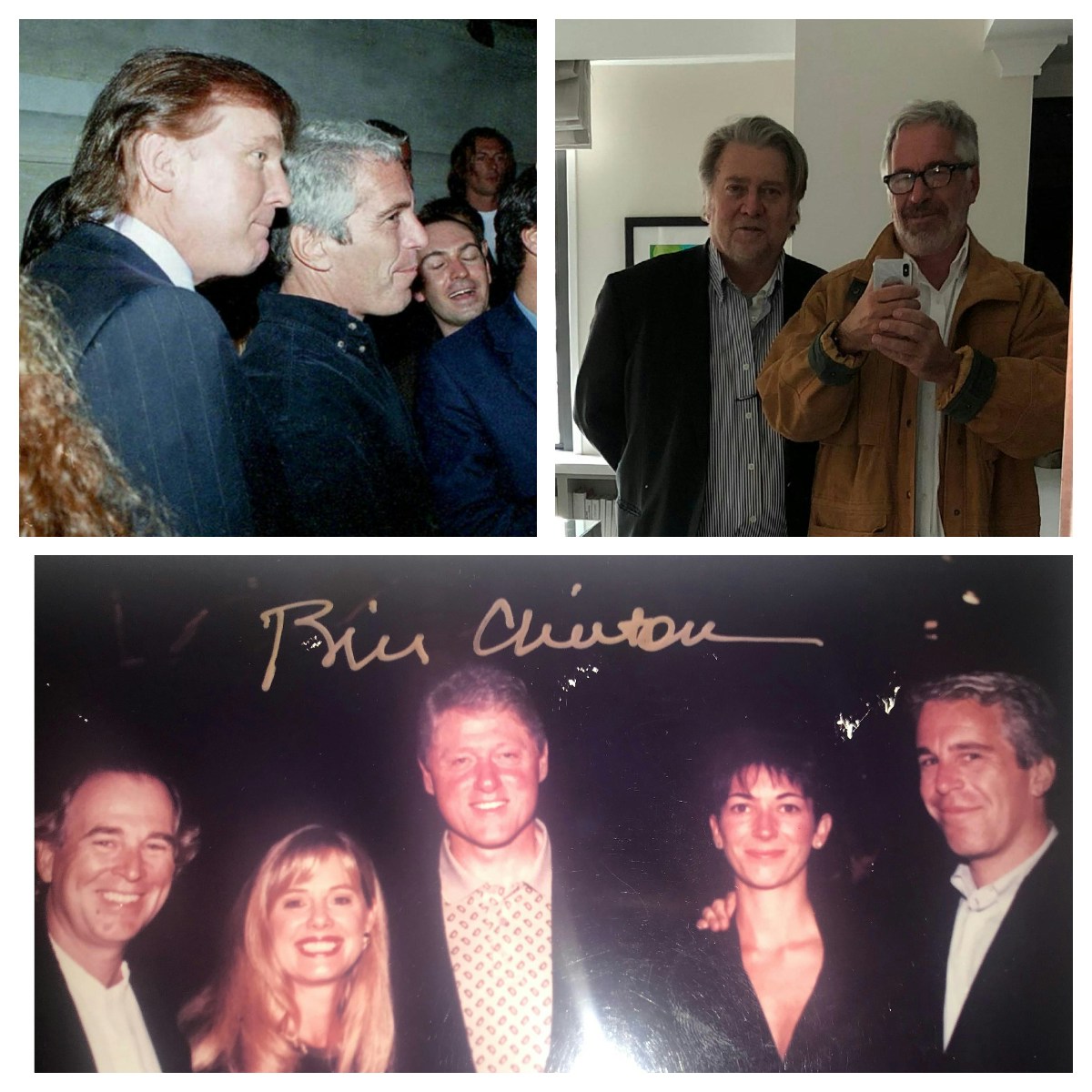 2025年12月12日，圖為美國眾議院監督與政府改革委員會披露的愛潑斯坦案文件拼圖，左上圖為特朗普與愛潑斯坦合影，右上圖為愛潑斯坦與班農的合影，下圖為克林頓等人與愛潑斯坦合影。（X@OversightDems）