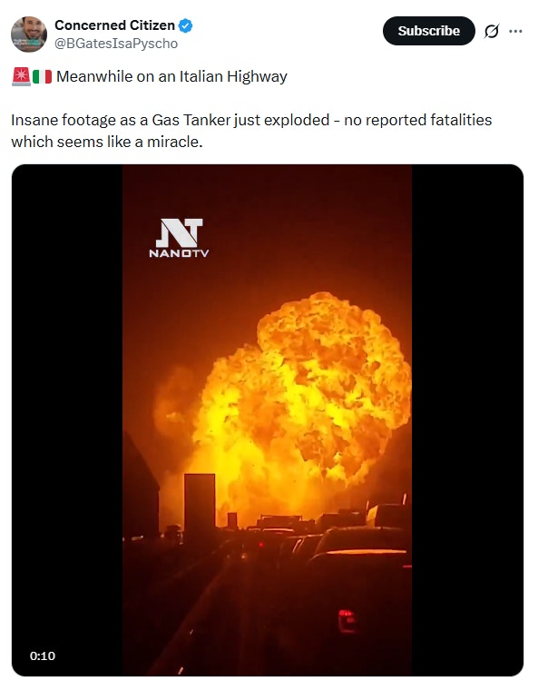 意大利1處高速公路23日發生重大交通事故，有輛運油車與另1輛重型車輛發生追撞事故後爆炸。（X@BGatesIsaPyscho）