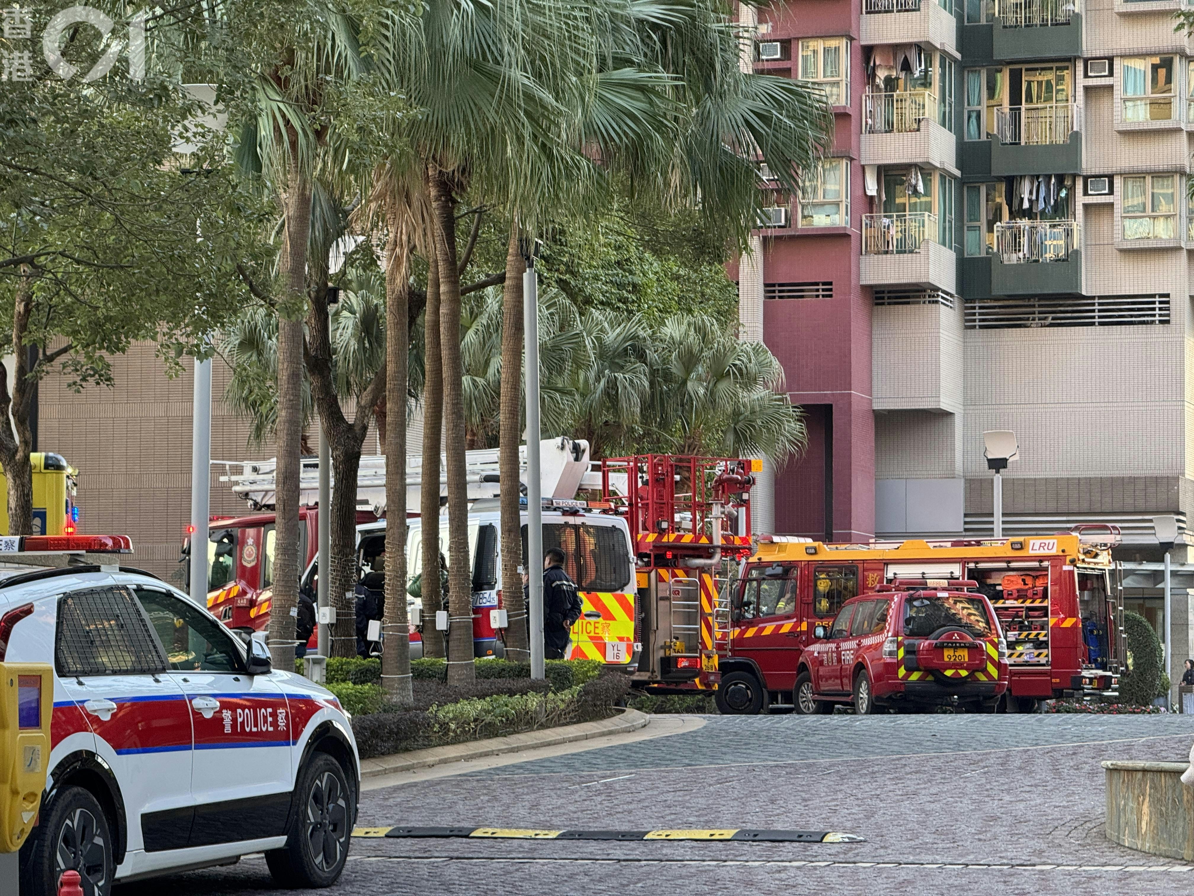 今日（11日）清晨6時19分，警方接獲多人報案指，元龍街8號屋苑「YOHO Town」一個單位冒煙起火。（蔡正邦攝）