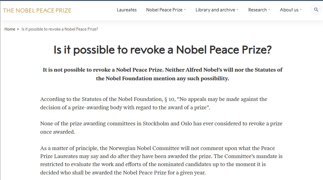 和平奖得主冀献奖特朗普致谢他捉走马杜罗诺贝尔研究所：不行