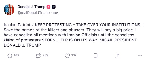 美國總統特朗普（Donald Trump）2026年1月13日表示，自己已取消與伊朗官員的所有會面。（Truth Social@realDonaldTrump）