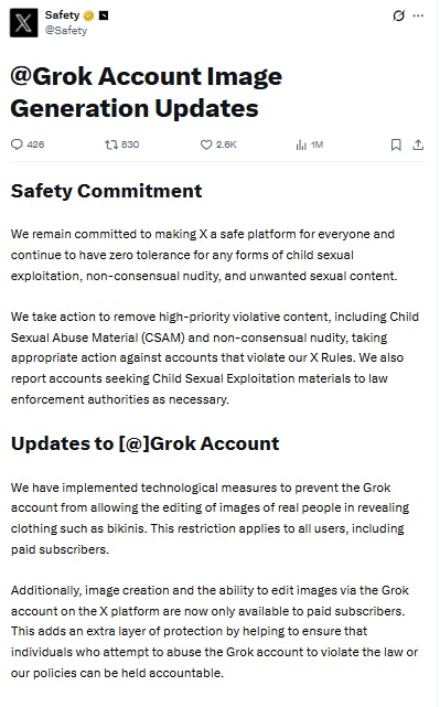 社交媒體X宣布不再允許Grok生成色情圖像