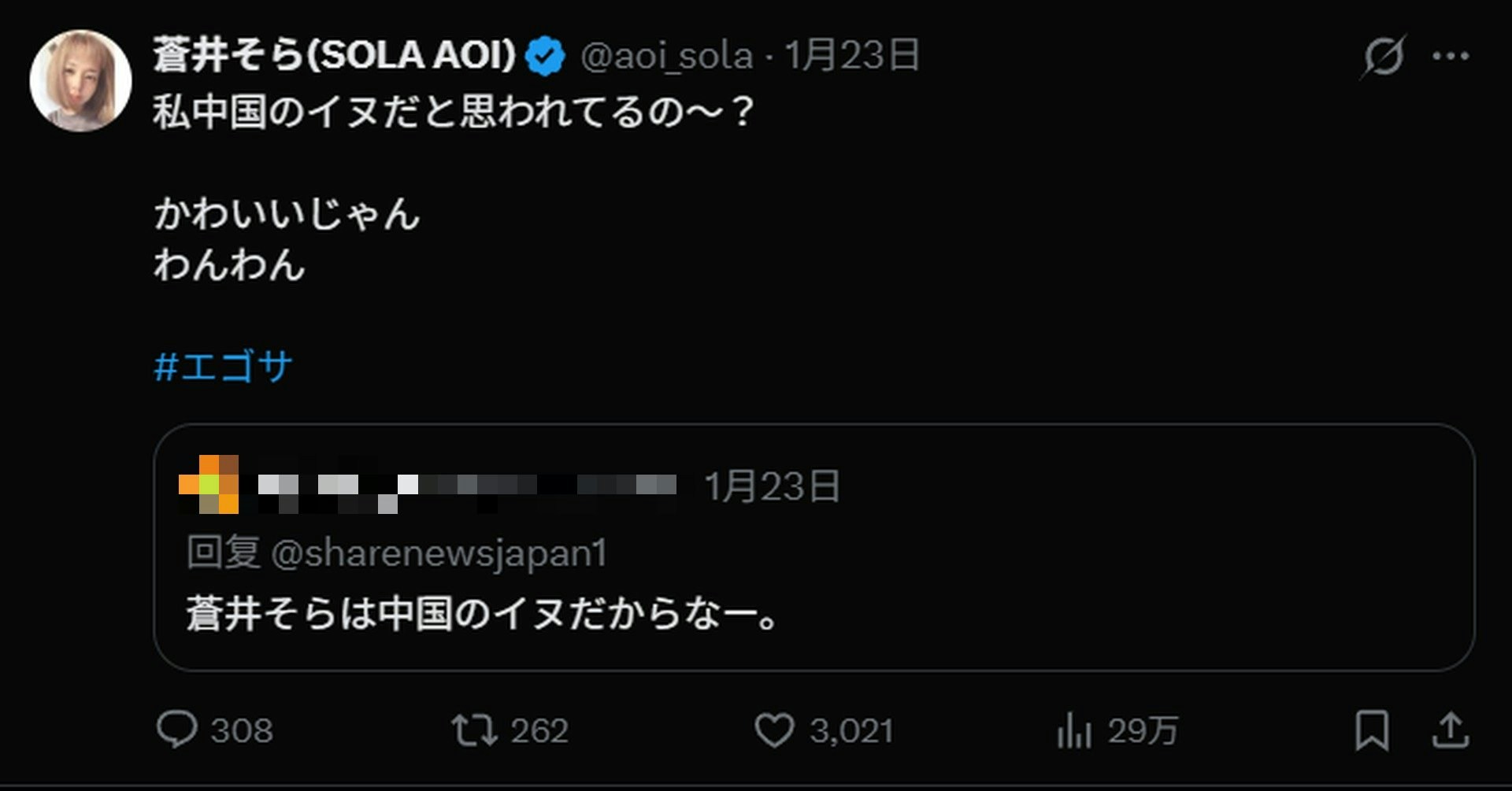 很快就有人在評論區對她進行攻擊,甚至直接罵她是「中國的狗」。面對這種羞辱式的言辭,她的回應方式也很「蒼井空」:她反問對方「你覺得我是中國的狗嗎?我覺得挺可愛的,汪汪汪」。(X@aoi_sola) 很快就有人在評論區對她進行攻擊,甚至直接罵她是「中國的狗」。面對這種羞辱式的言辭,她的回應方式也很「蒼井空」:她反問對方「你覺得我是中國的狗嗎?我覺得挺可愛的,汪汪汪」。(X@aoi_sola)