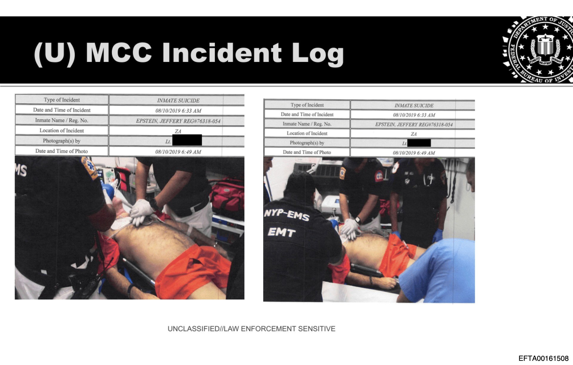 美國司法部2026年1月30日公布愛潑斯坦文件，照片來自號碼為「EFTA00161494」文件，其中可見愛潑斯坦接受急救。（美國司法部）