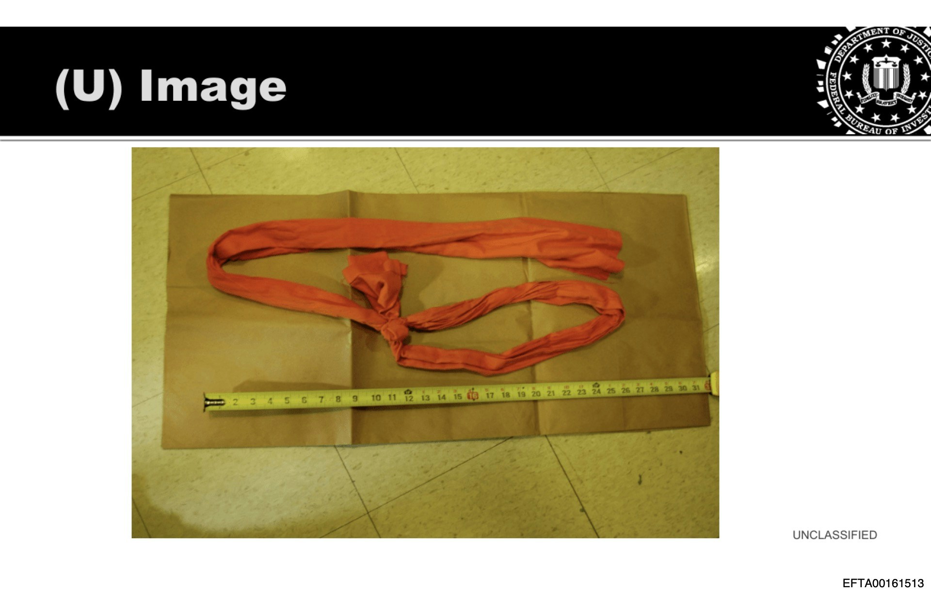 美國司法部2026年1月30日公布愛潑斯坦文件，照片來自號碼為「EFTA00161494」文件，其中可見愛潑斯坦用來自縊的自製繩索。（美國司法部）