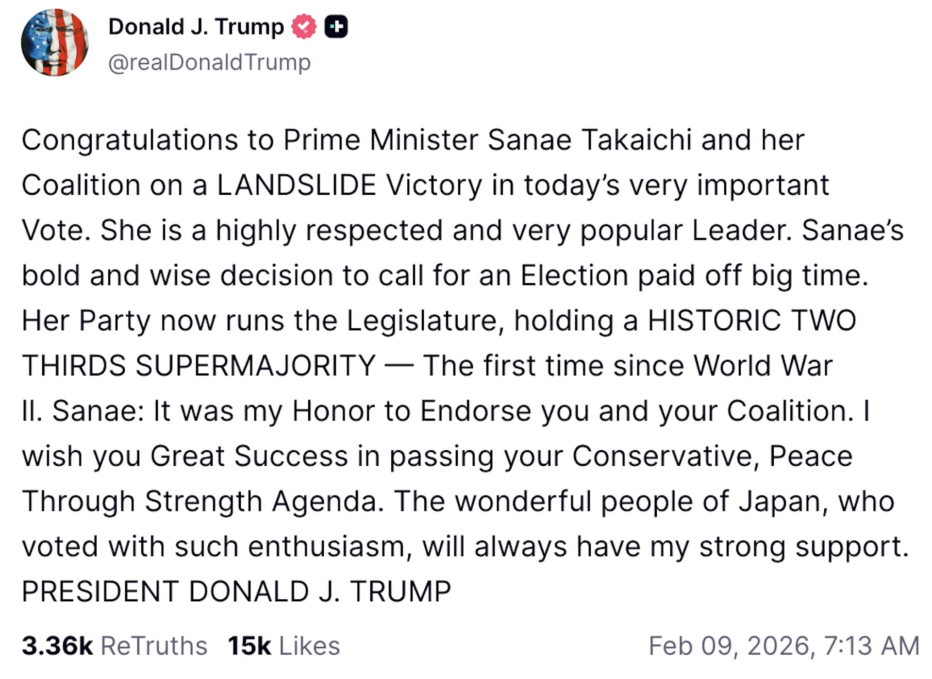 2月8日自民黨勝選後,特朗普迅速在社交平台上發文祝賀高市早苗。(Truth Social截圖) 2月8日自民黨勝選後,特朗普迅速在社交平台上發文祝賀高市早苗。(Truth Social截圖)