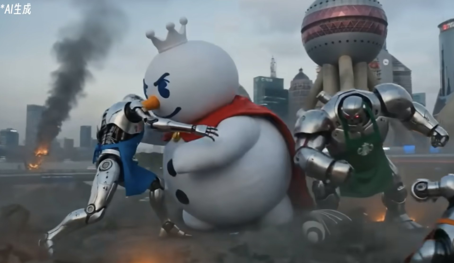 Seedance 2.0生成的影片「蜜雪冰城大戰外企咖啡店」(影片截圖)