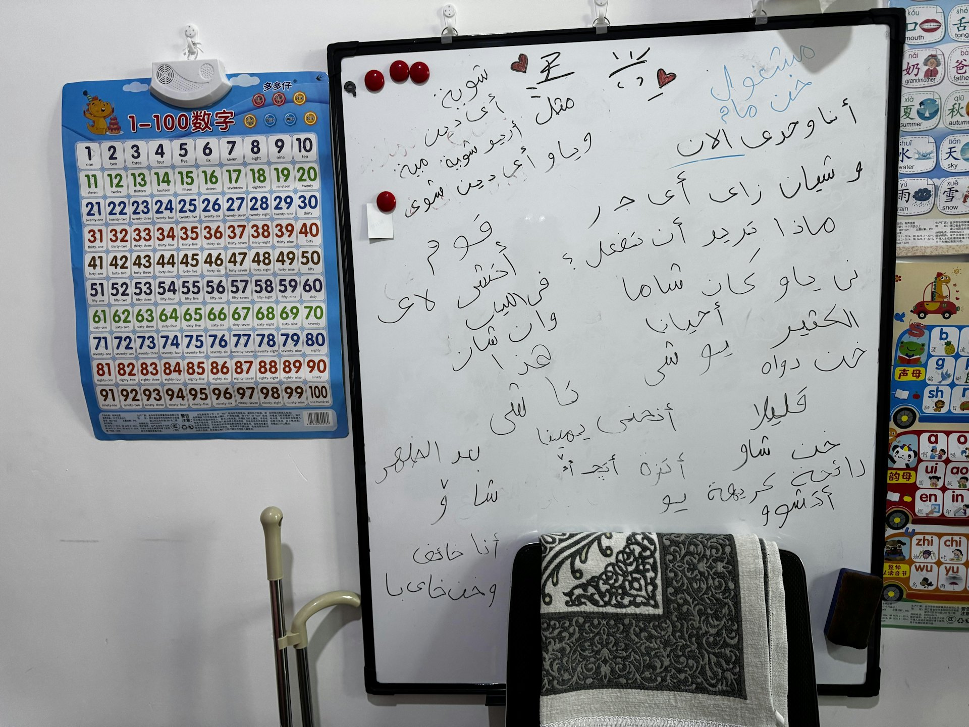 西安小夥子王興的埃及太太美娜在苦學中文,宿舍牆上貼著別人看不懂的紙張,王興笑說那是太太的密碼本——用阿拉伯語標注漢語發音。(沈澤瑋攝)