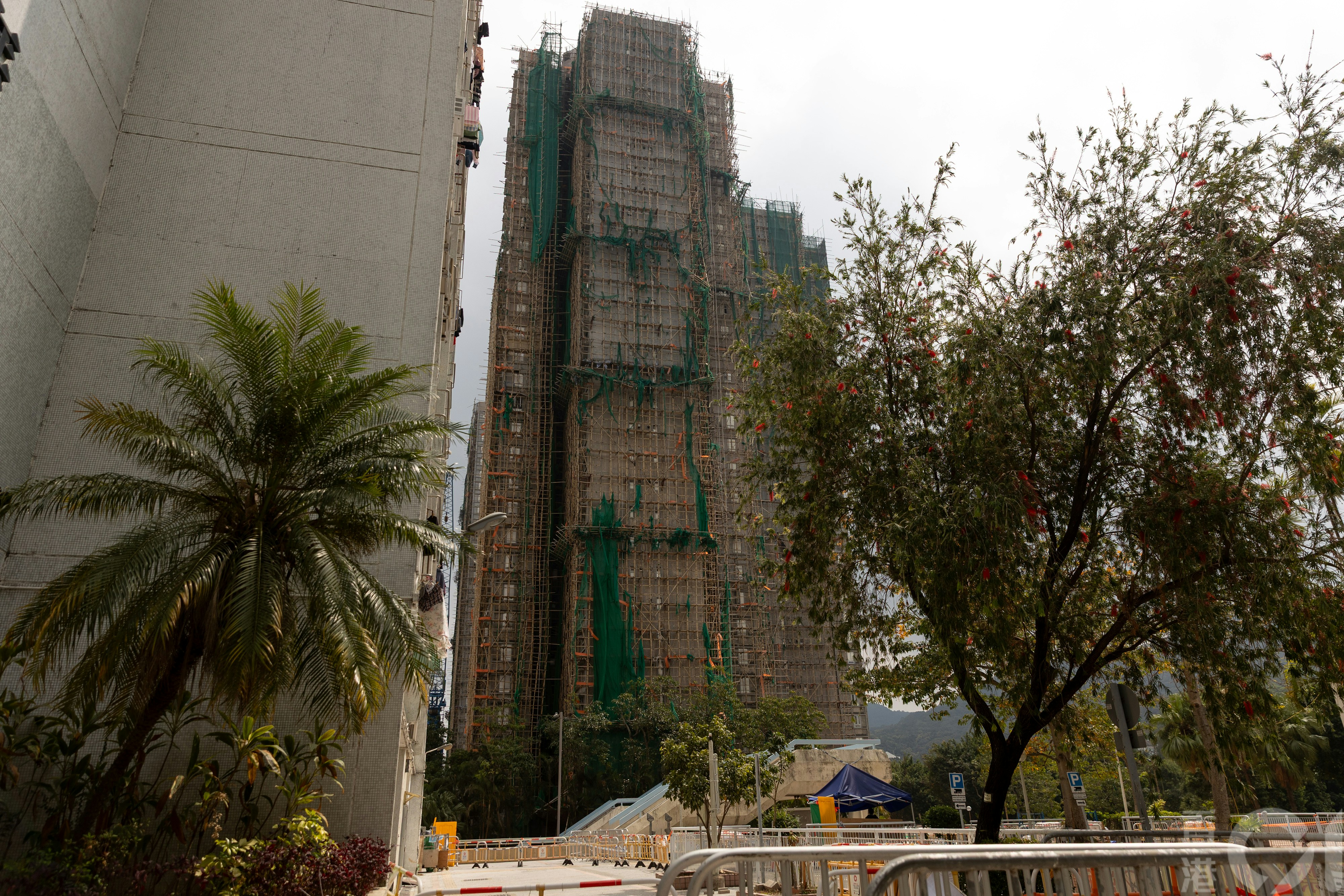 2026年2月21日,大埔宏福苑已大致拆除半數棚架。其中宏仁閣棚架仍在拆卸中。(資料圖片/夏家朗攝) 2026年2月21日,大埔宏福苑已大致拆除半數棚架。其中宏仁閣棚架仍在拆卸中。(資料圖片/夏家朗攝)