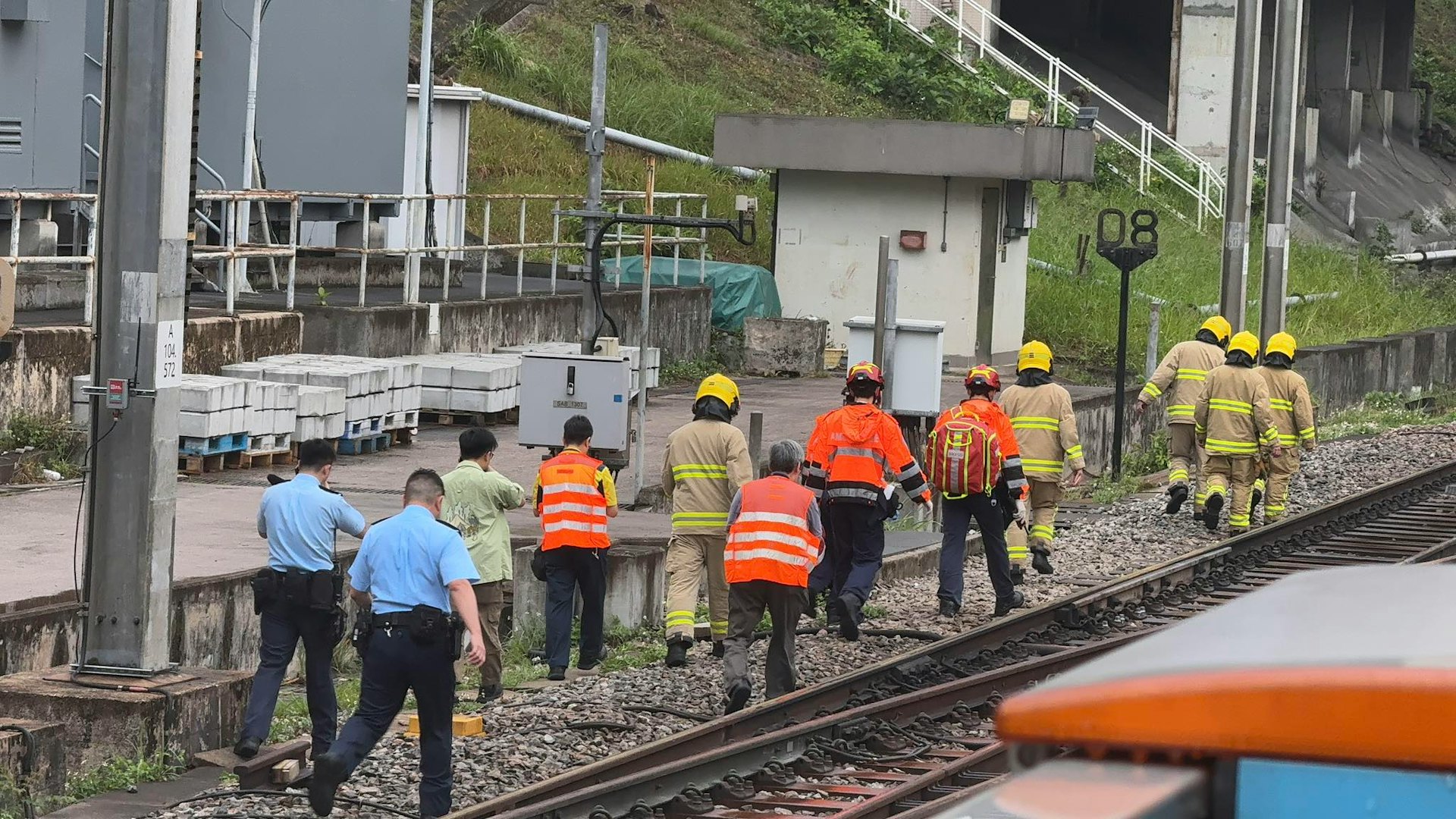 東鐵綫大圍至九龍塘站之間疑有人進入路軌,服務受阻,大批人員在路軌搜索。(網民 Pax Restrict)