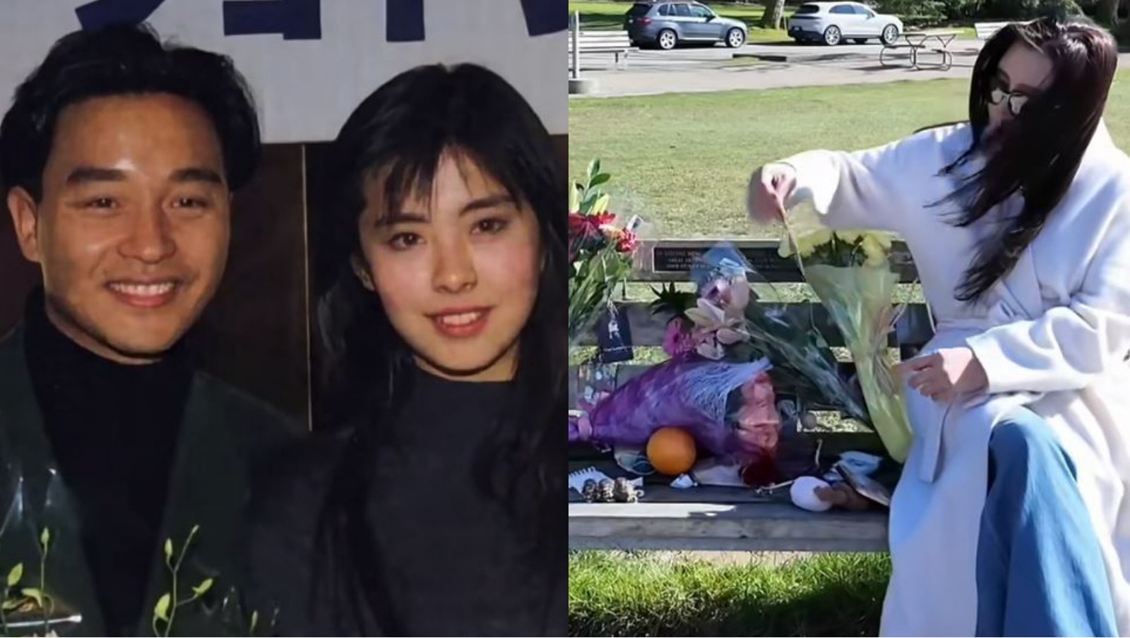 张国荣逝世23年|王祖贤现身纪念长椅缅怀 晒旧合照:记忆在心中