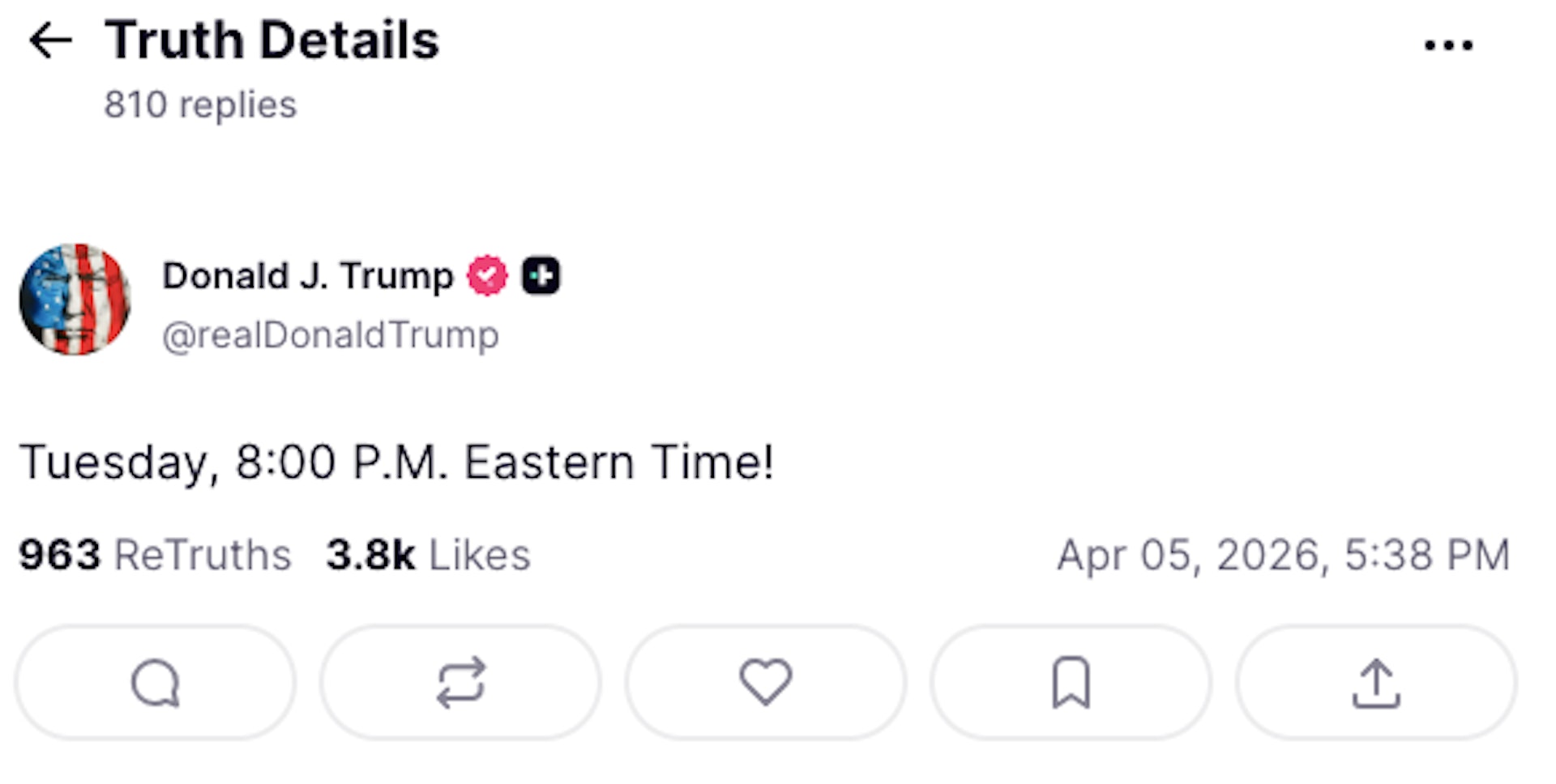 圖為2026年4月5日,美國總統特朗普(Donald Trump ,又譯川普)發帖,被指是對伊朗最後通牒具體時間。(Truth Social@realDonaldTrump) 圖為2026年4月5日,美國總統特朗普(Donald Trump ,又譯川普)發帖,被指是對伊朗最後通牒具體時間。(Truth Social@realDonaldTrump)