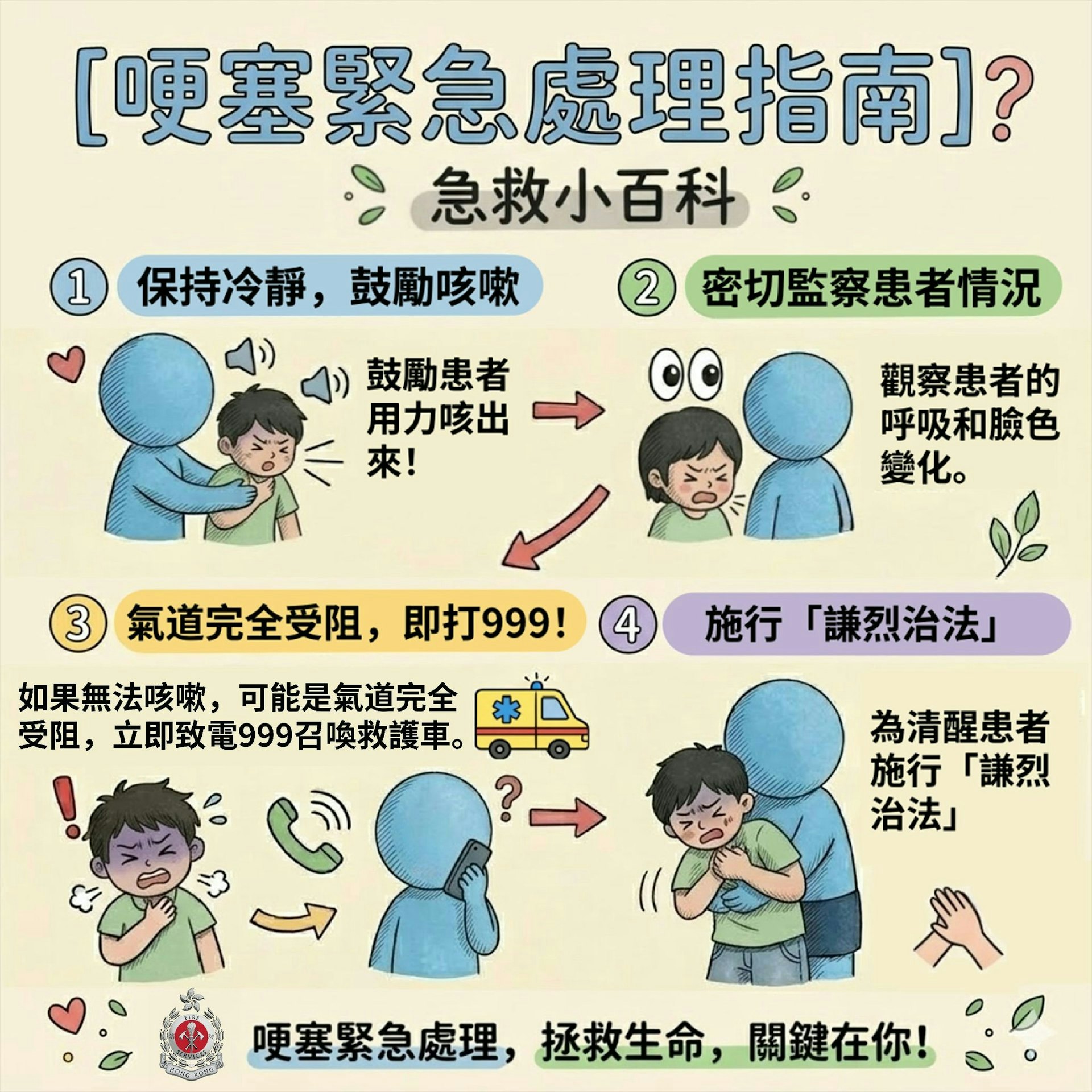 消防處在社交平台發帖,圖文並茂教授鯁喉急救法。(消防處fb)