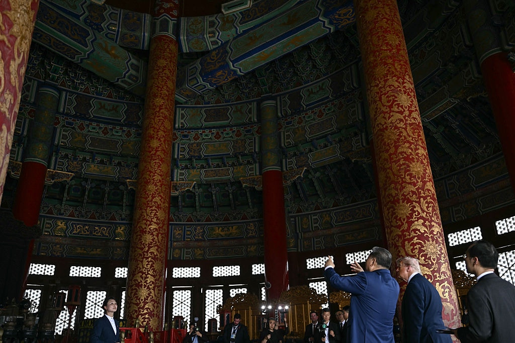 祈年殿内部不用大梁和长檩,仅用楠木柱和枋桷相互衔接,支撑屋顶。(Getty Images)