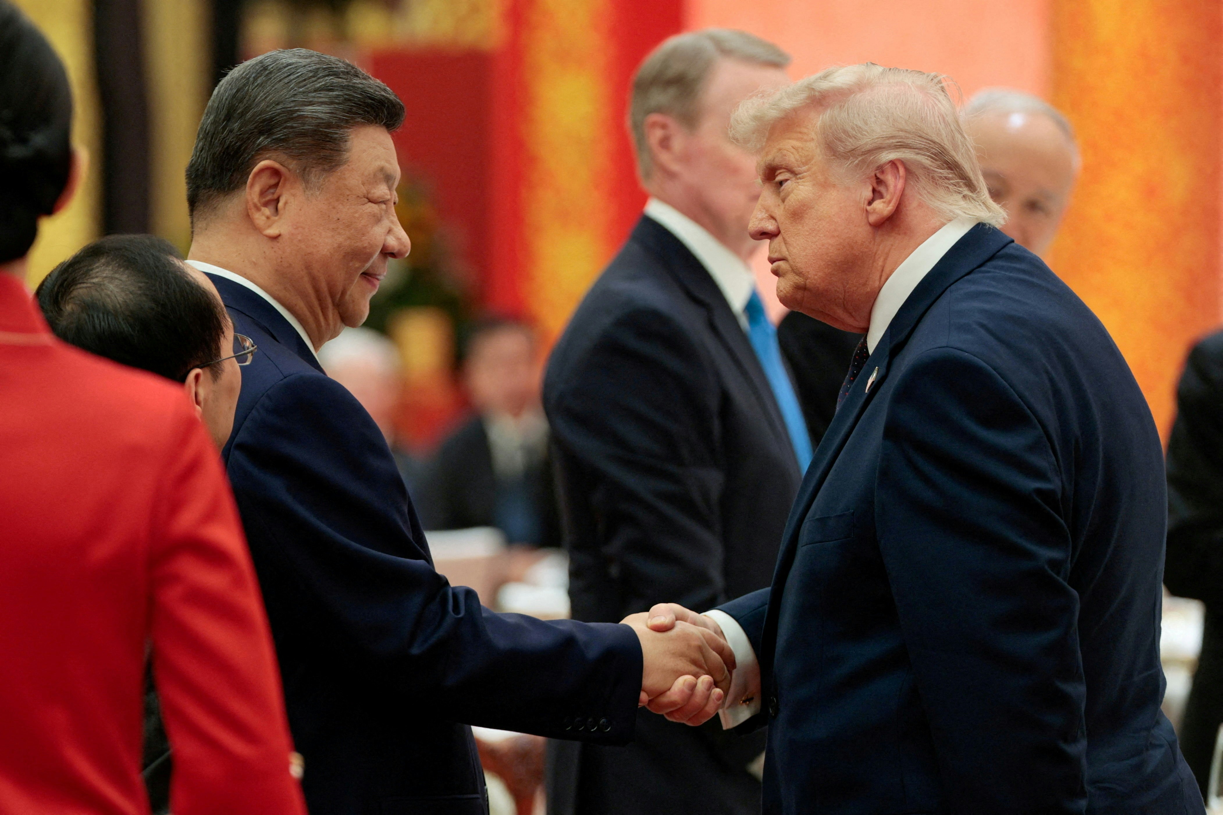 On May 14, 2026, U.S. President Donald Trump visited China and shook hands with Chinese President Xi Jinping at a state banquet held at the Great Hall of the People in Beijing. (Reuters)