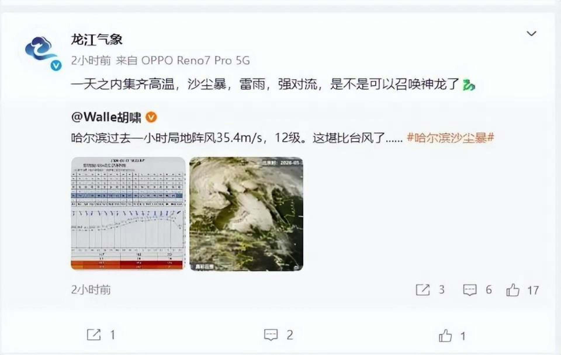 黑龍江省氣象服務中心官方微博「龍江氣象」發文稱,「一天之內集齊高溫,沙塵暴,雷雨,強對流,是不是可以召喚神龍了」。(微博) 黑龍江省氣象服務中心官方微博「龍江氣象」發文稱,「一天之內集齊高溫,沙塵暴,雷雨,強對流,是不是可以召喚神龍了」。(微博)