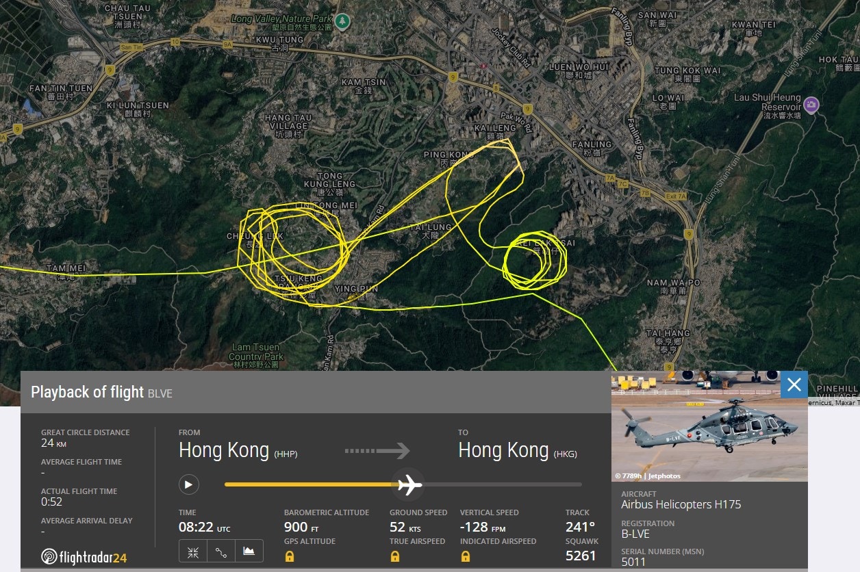 飛行服務隊直升機在和合石及粉錦一帶上空搜索。(圖片來源：Flightradar24.com)