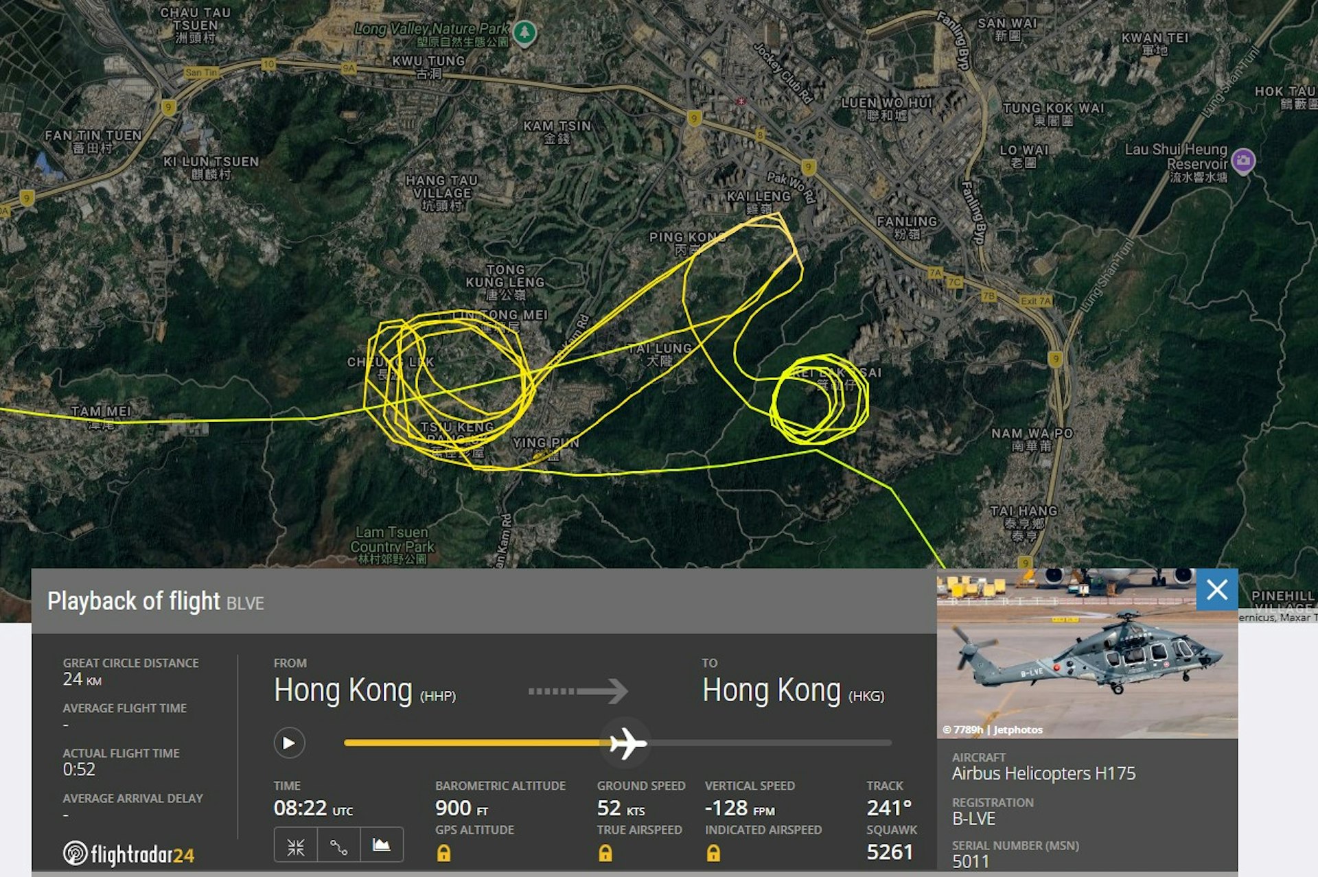 飛行服務隊直升機在和合石及粉錦一帶上空搜索。(圖片來源:Flightradar24.com) 飛行服務隊直升機在和合石及粉錦一帶上空搜索。(圖片來源:Flightradar24.com)