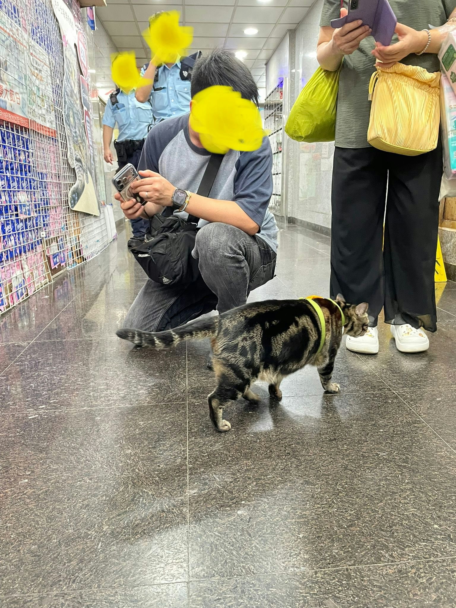 疑為便衣警員的男子蹲低身逗阻B玩。(圖片來源：阻B關注組)