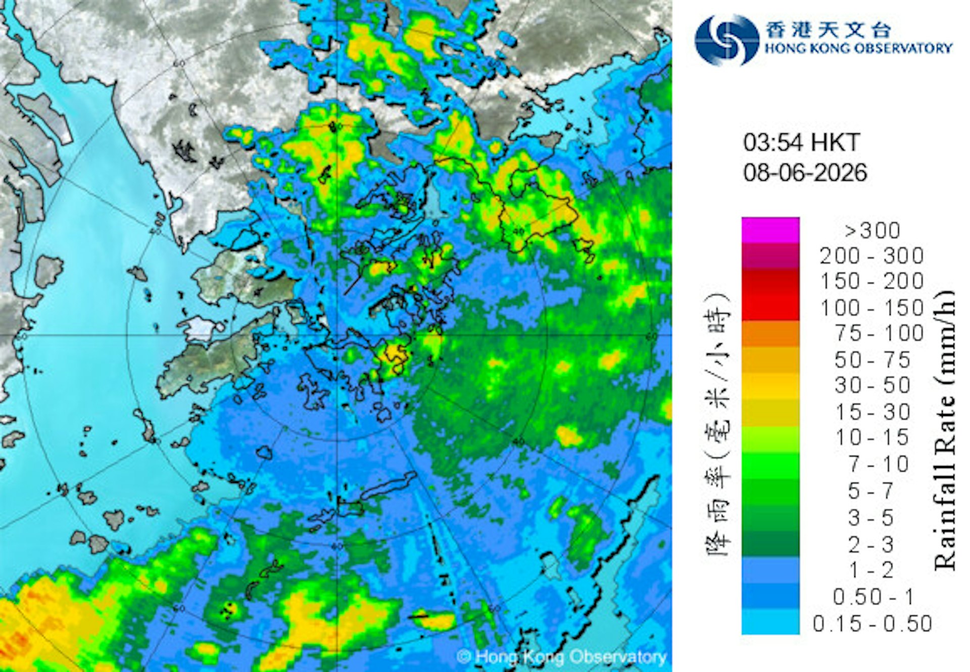 天文台6月8日凌晨3時54分的雷達圖顯示,本港以南有雷雨區續向北移動。(天文台圖片) 天文台6月8日凌晨3時54分的雷達圖顯示,本港以南有雷雨區續向北移動。(天文台圖片)