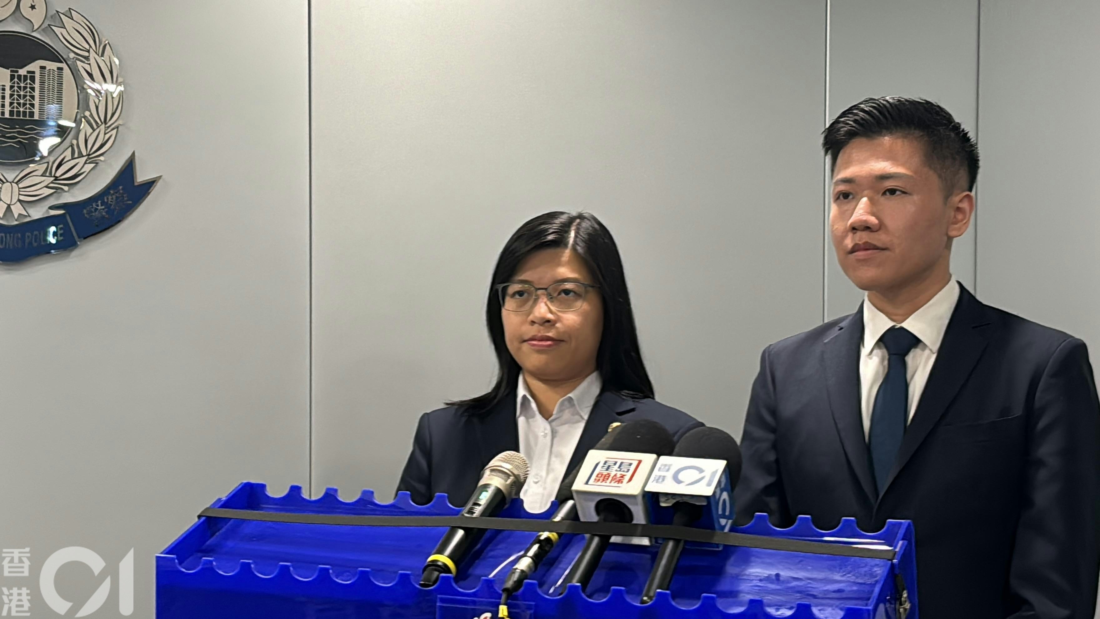 一名內地女子名下的兩個銀行戶口，被用作清洗逾1,400萬元黑錢，該女子承認兩項洗黑錢罪被判監55個月。警方新界北總區科技及財富罪案組高級督察姚國威（右）和財富情報及調查科高級督察申文燕（左）交代案件。（黃偉民攝）