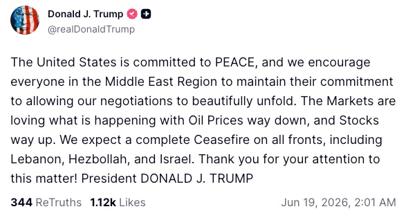 2026年6月18日，美國總統特朗普（Donald Trump）在簽署美伊諒解備忘錄後表示，美國預期「所有戰線實現全面停火」，其中包括黎巴嫩、真主黨及以色列。（Truthsocial@realDonaldTrump）