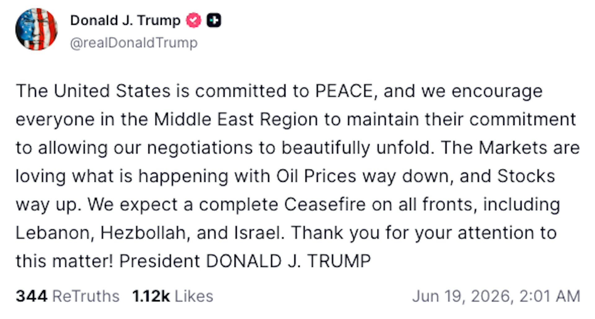 2026年6月18日,美國總統特朗普(Donald Trump)在簽署美伊諒解備忘錄後表示,美國預期「所有戰線實現全面停火」,其中包括黎巴嫩、真主黨及以色列。(Truthsocial@realDonaldTrump) 2026年6月18日,美國總統特朗普(Donald Trump)在簽署美伊諒解備忘錄後表示,美國預期「所有戰線實現全面停火」,其中包括黎巴嫩、真主黨及以色列。(Truthsocial@realDonaldTrump)