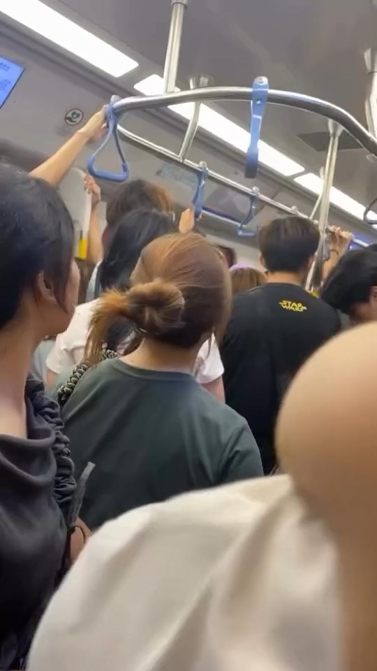 東鐵綫列車車廂內一片混亂，乘客擠在一起，慌張地望着前方。（Threads@m._ki.9x）