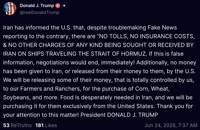 �������y�����գ�Donald Trump��2026��6��24�ձ�ʾ�������Ѹ�֪������������;������ľƝ���{�Ĵ��b�����κ��M�á����W퓽؈D��