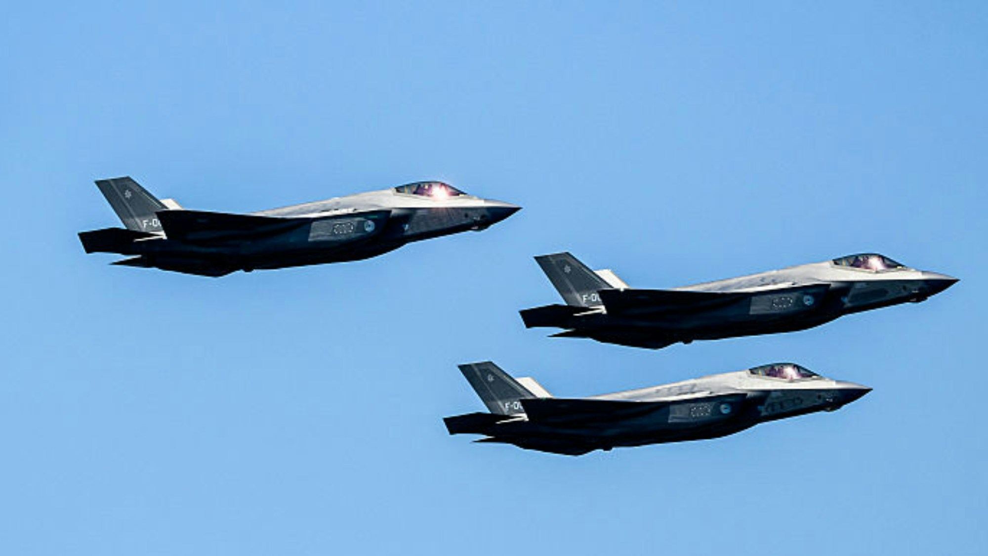 2026年7月,美国纽约市,一队F-35战机在飞行表演期间沿著哈德逊河飞行。(Getty)