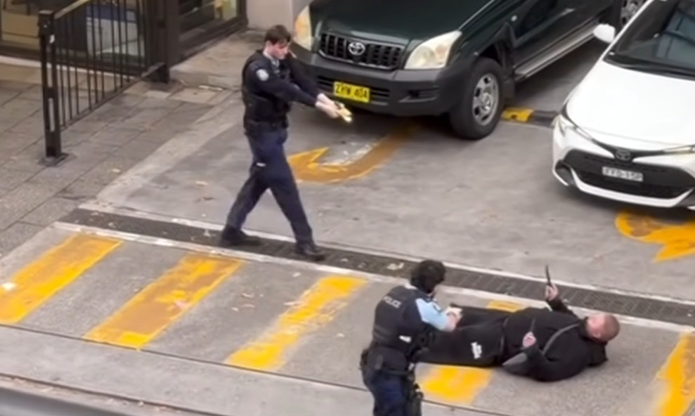 【延伸阅读：悉尼华人区爆毒品交易　双刀男拒捕遭警射电枪击倒　途人吓至反锁】警方赶至截查时，2名疑犯随即拔足狂奔，其中1名黑衣汉被截停时竟手持利刀拒捕。（网上影片截图）