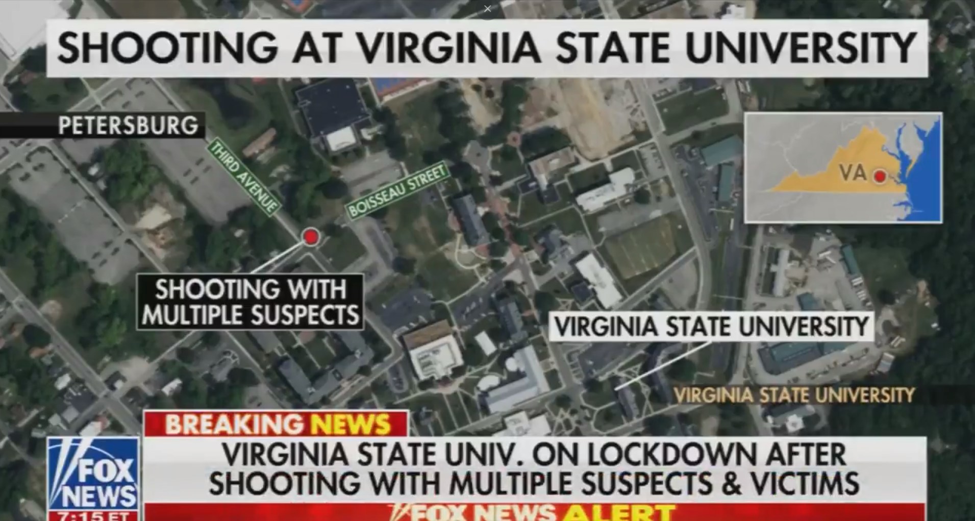 美国维珍尼亚州立大学发生校园枪击案,地点在大学宿舍附近。(FOX NEWS影片截图)